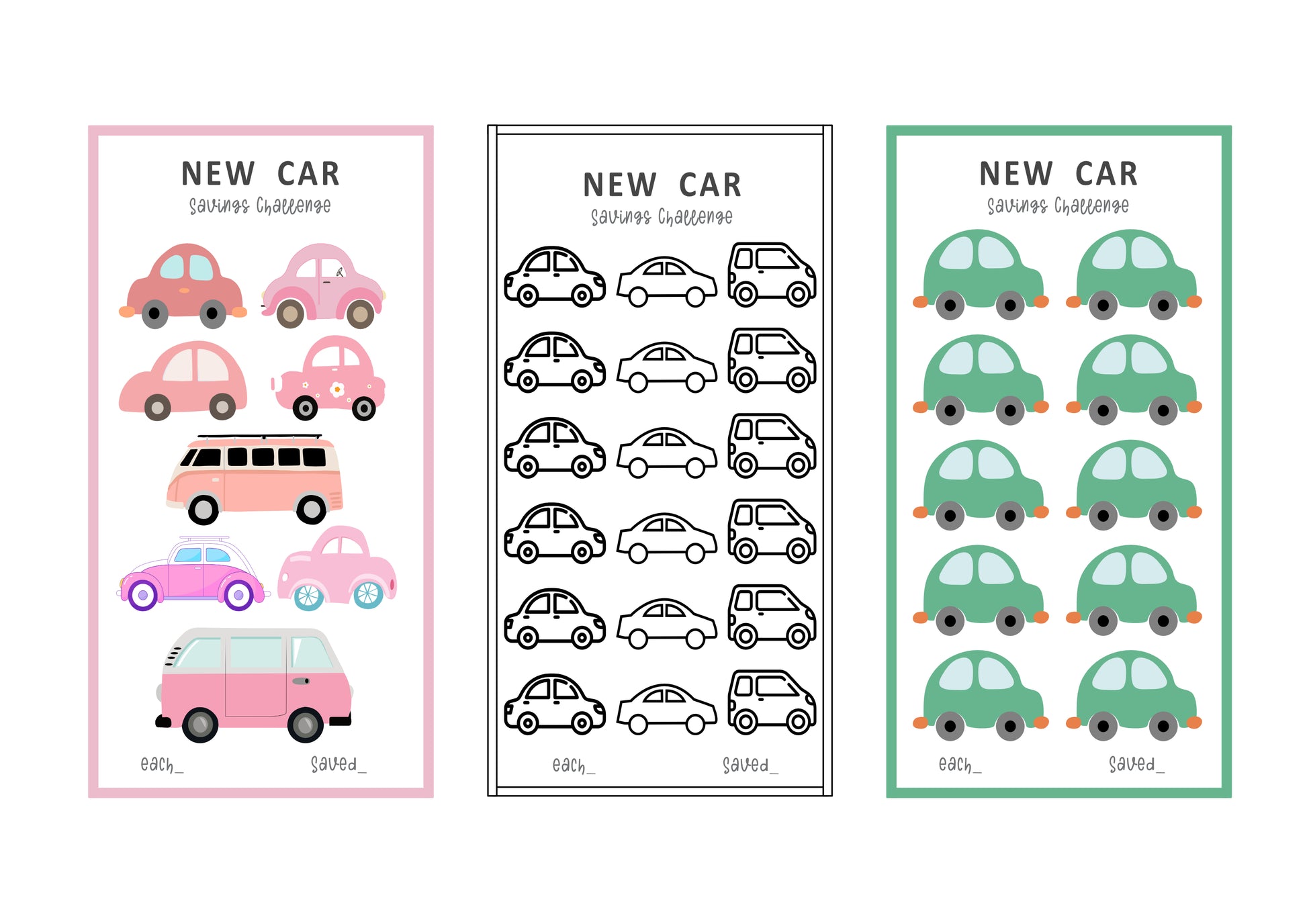 Three sheets of A6 Mini Savings Challenge with different car designs on a white background