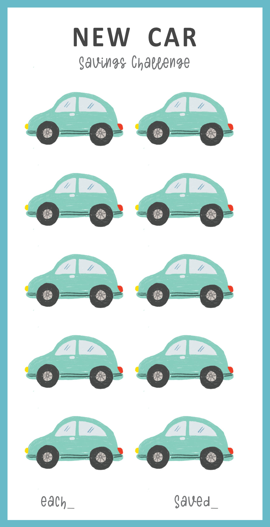 Illustrations of green cars with text about a savings challenge on a light blue background