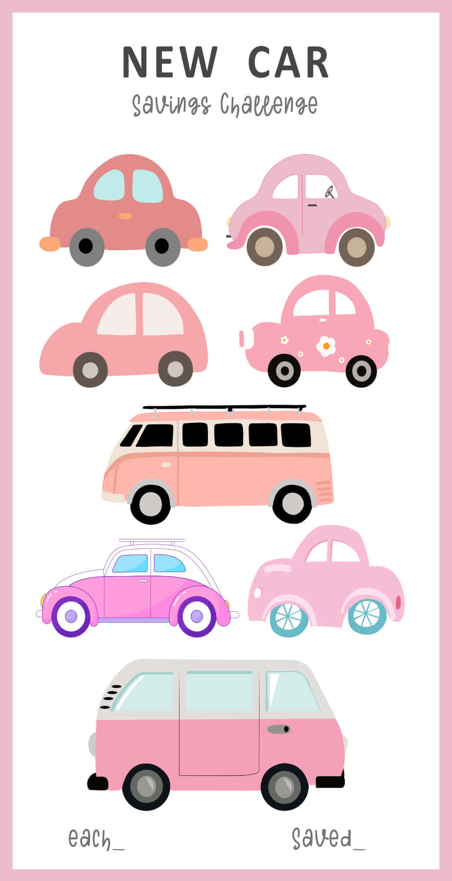 A6 New Car Money Savings Challenge Printable Template PDF, Colorful, 6 versions