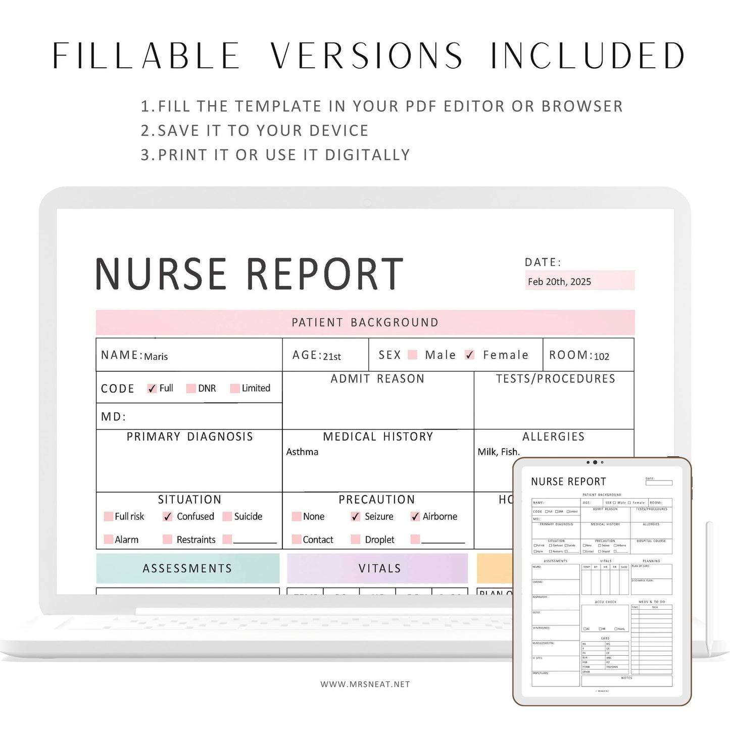 Editable Nurse Report Sheet, Printable, Digital, Nurse Brain Sheet, Single Patient Reporting Template, Nurses Resources, Med Surg, Nurse Report Template Printable, A4, A5, Letter, Half Letter, 2 colors, Fillable PDF