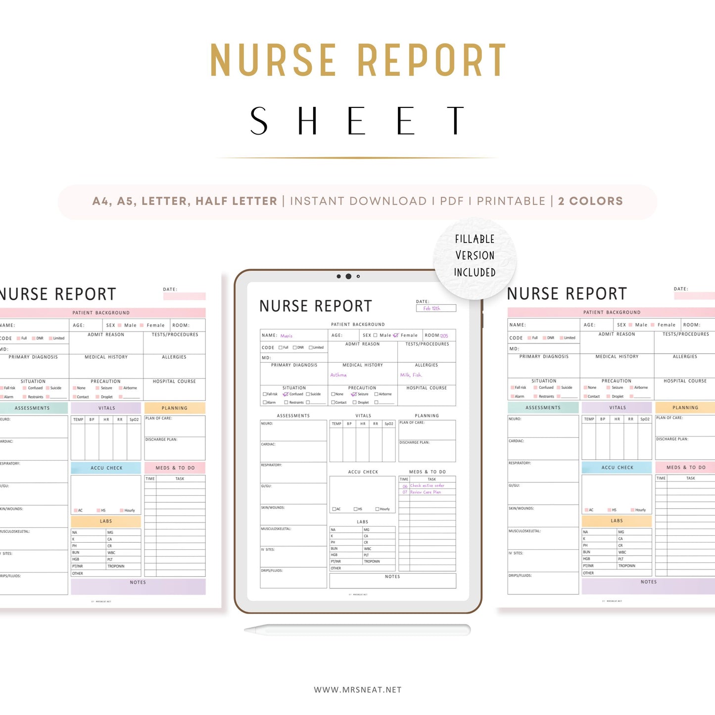 Editable Nurse Report Sheet, Printable, Digital, Nurse Brain Sheet, Single Patient Reporting Template, Nurses Resources, Med Surg, Nurse Report Template Printable, A4, A5, Letter, Half Letter, 2 colors, Fillable PDF