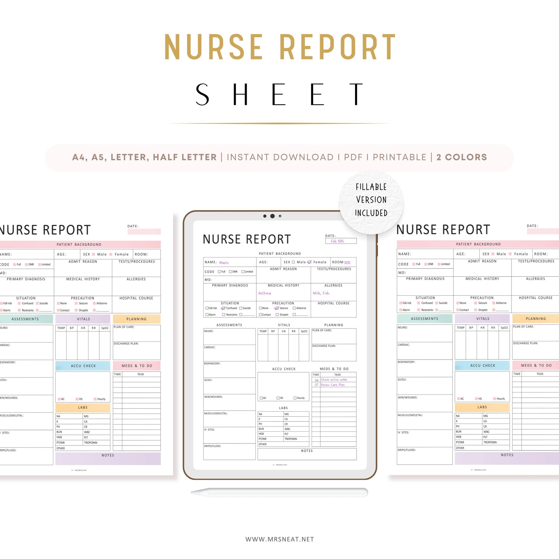 Editable Nurse Report Sheet, Printable, Digital, Nurse Brain Sheet, Single Patient Reporting Template, Nurses Resources, Med Surg, Nurse Report Template Printable, A4, A5, Letter, Half Letter, 2 colors, Fillable PDF