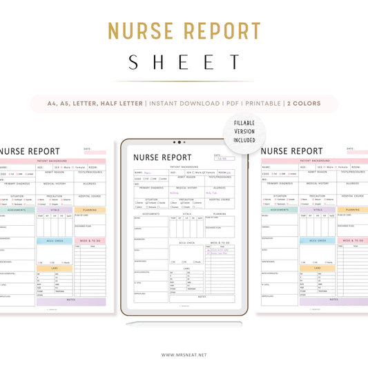 Editable Nurse Report Sheet, Printable, Digital, Nurse Brain Sheet, Single Patient Reporting Template, Nurses Resources, Med Surg, Nurse Report Template Printable, A4, A5, Letter, Half Letter, 2 colors, Fillable PDF