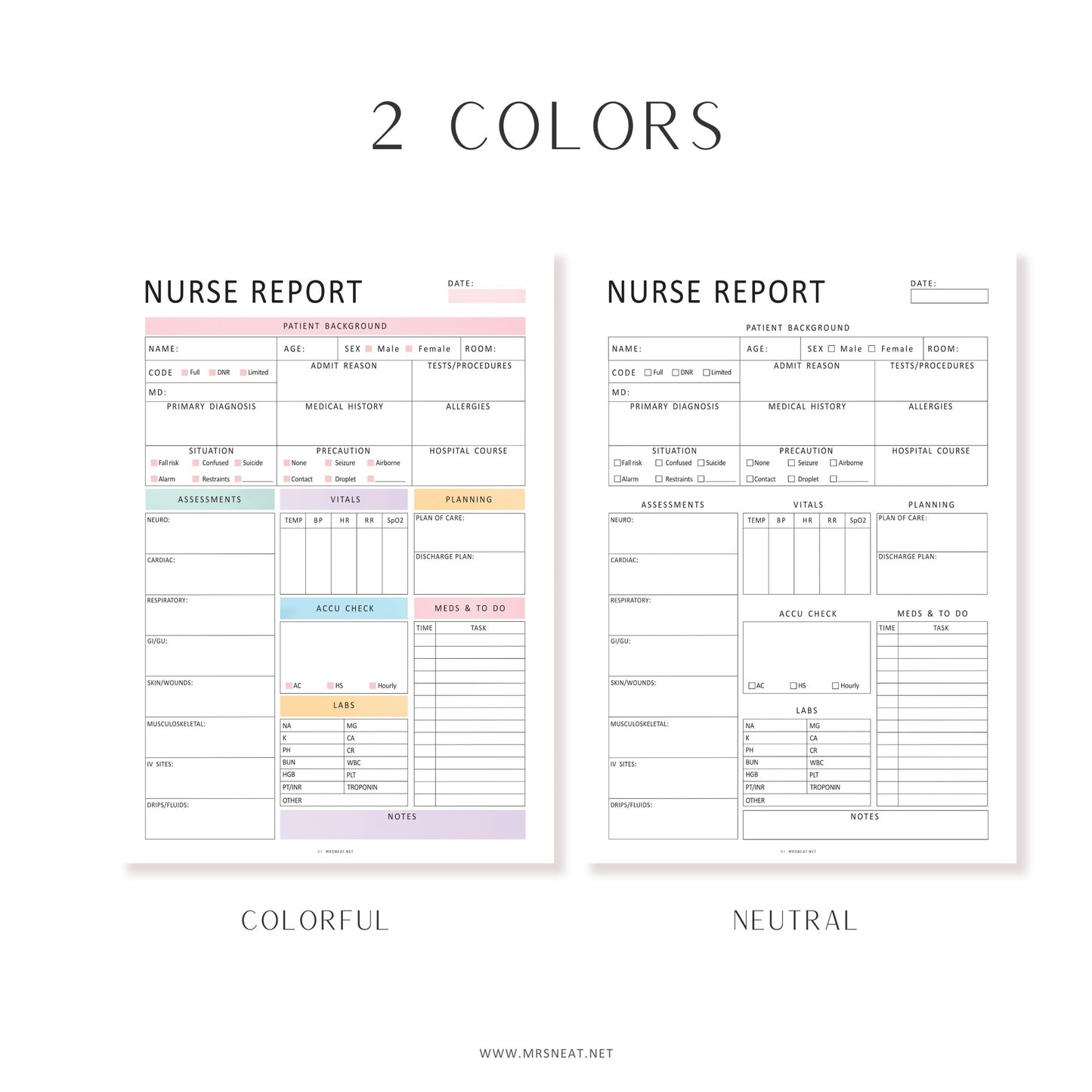 Editable Nurse Report Sheet, Printable, Digital, Nurse Brain Sheet, Single Patient Reporting Template, Nurses Resources, Med Surg, Nurse Report Template Printable, A4, A5, Letter, Half Letter, 2 colors, Fillable PDF