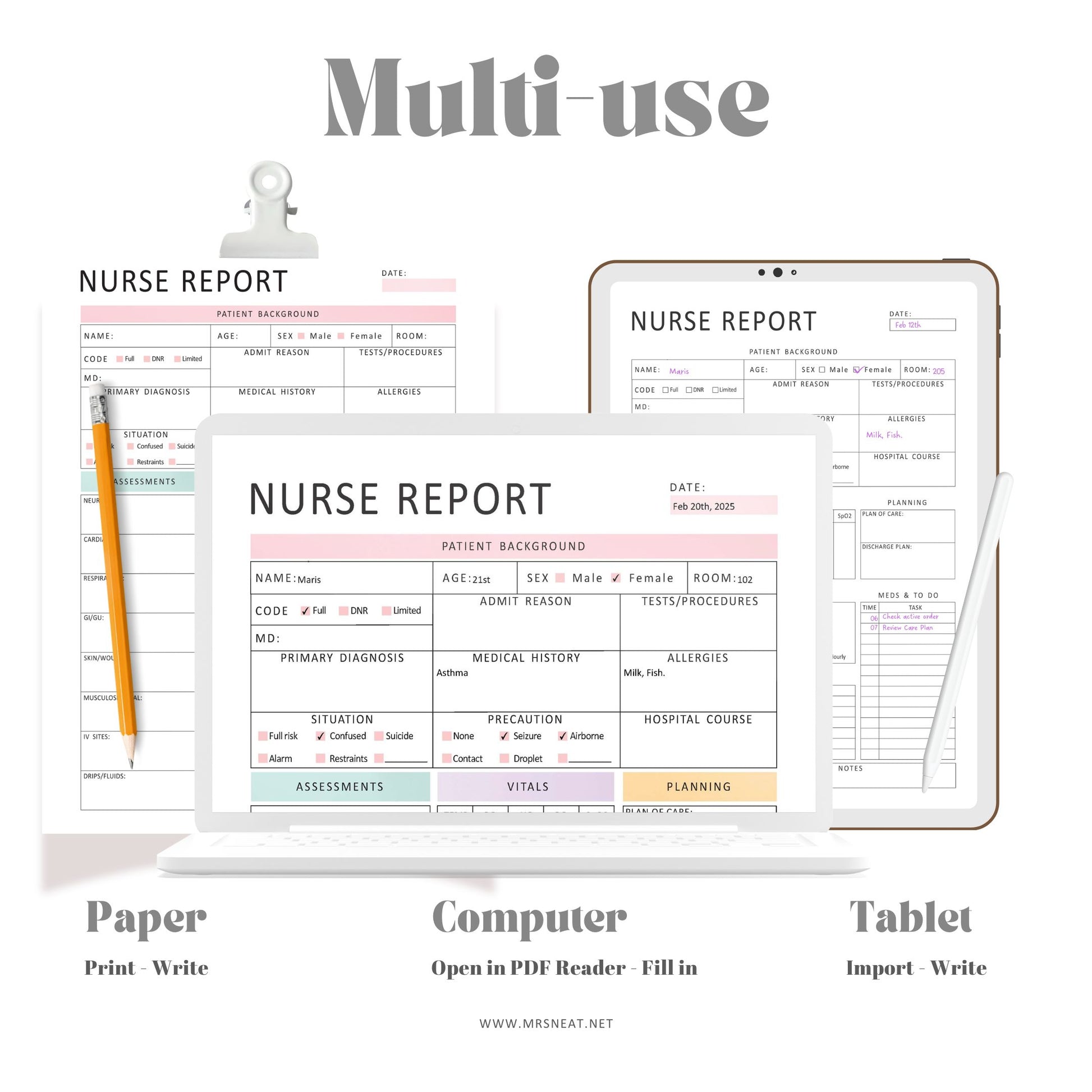 Editable Nurse Report Sheet, Printable, Digital, Nurse Brain Sheet, Single Patient Reporting Template, Nurses Resources, Med Surg, Nurse Report Template Printable, A4, A5, Letter, Half Letter, 2 colors, Fillable PDF