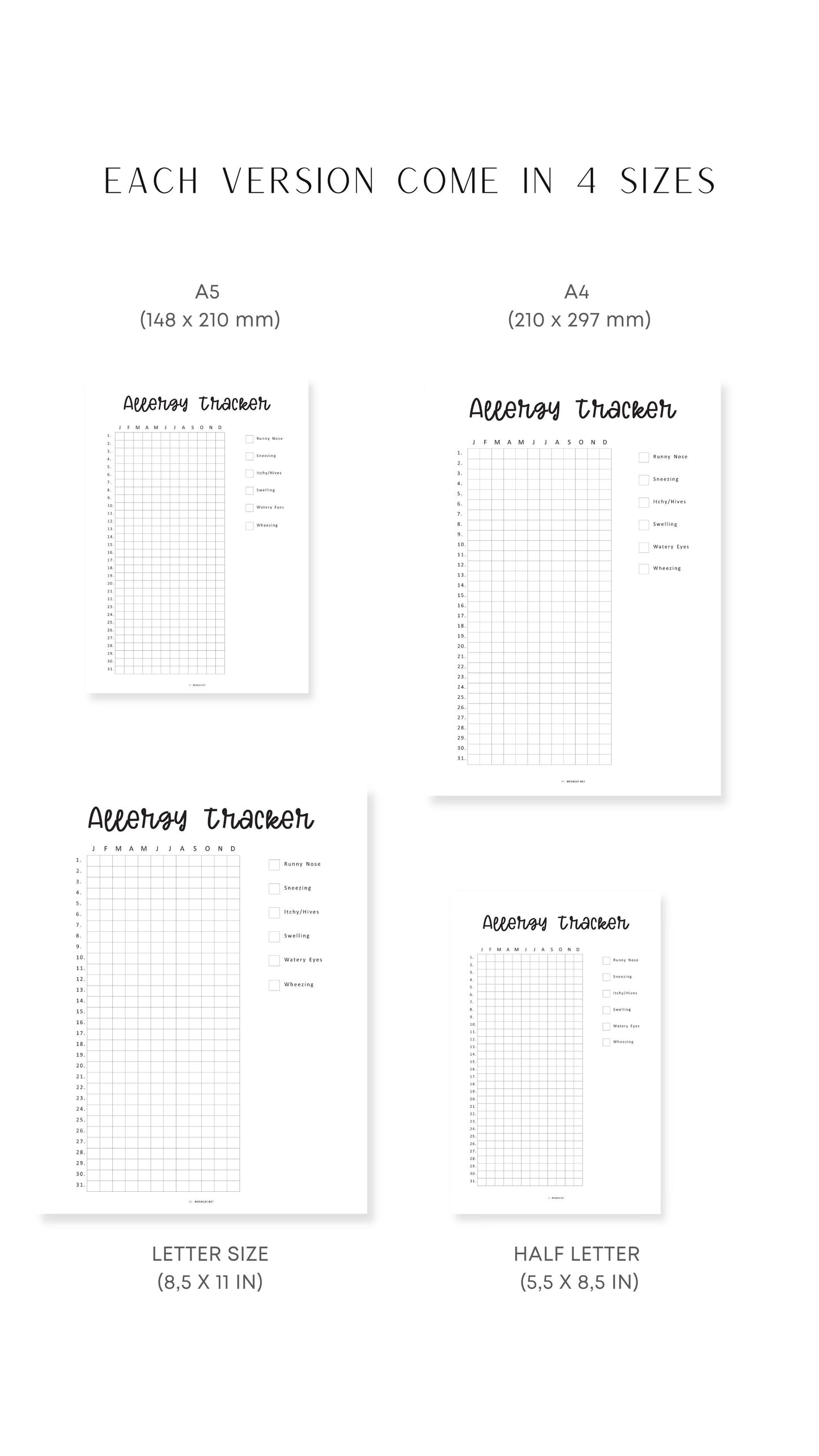 A4, A5, Letter, Half Letter One Year Allergy Tracker Template Printable