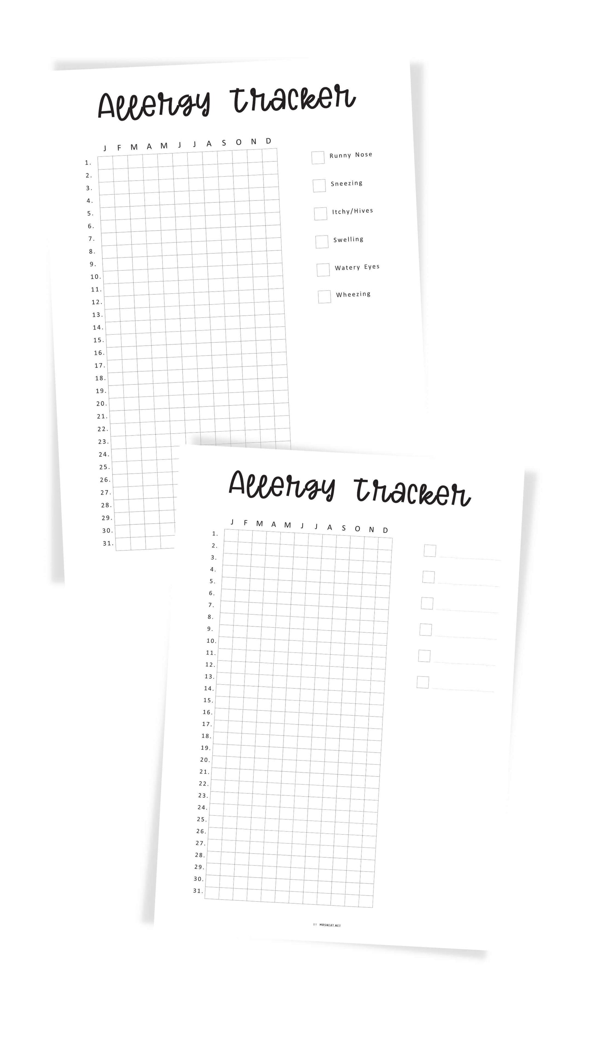 One Year Allergy Tracker Template Printable