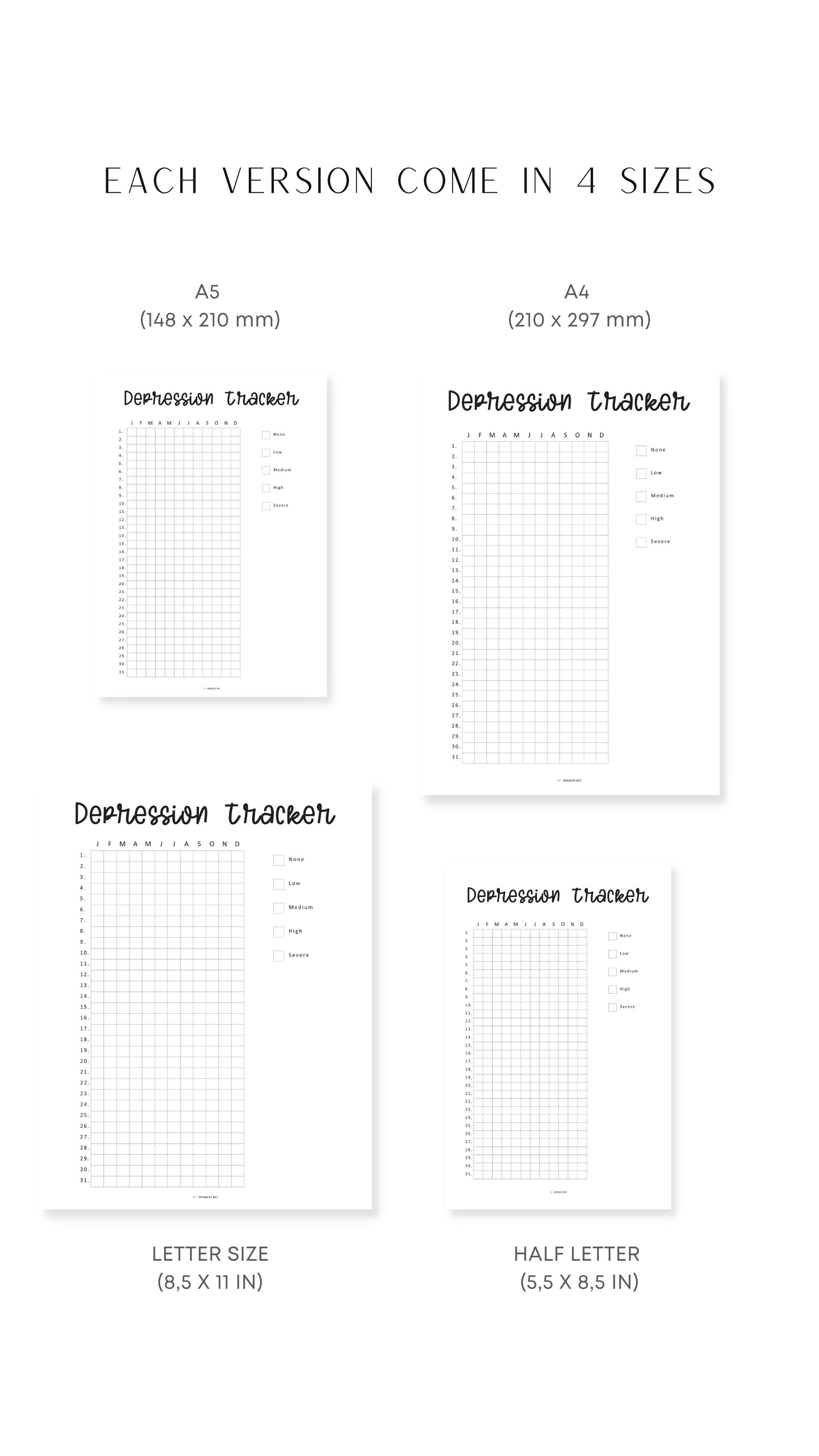 A4, A5, Letter, Half Letter One Year Depression Tracker Printable