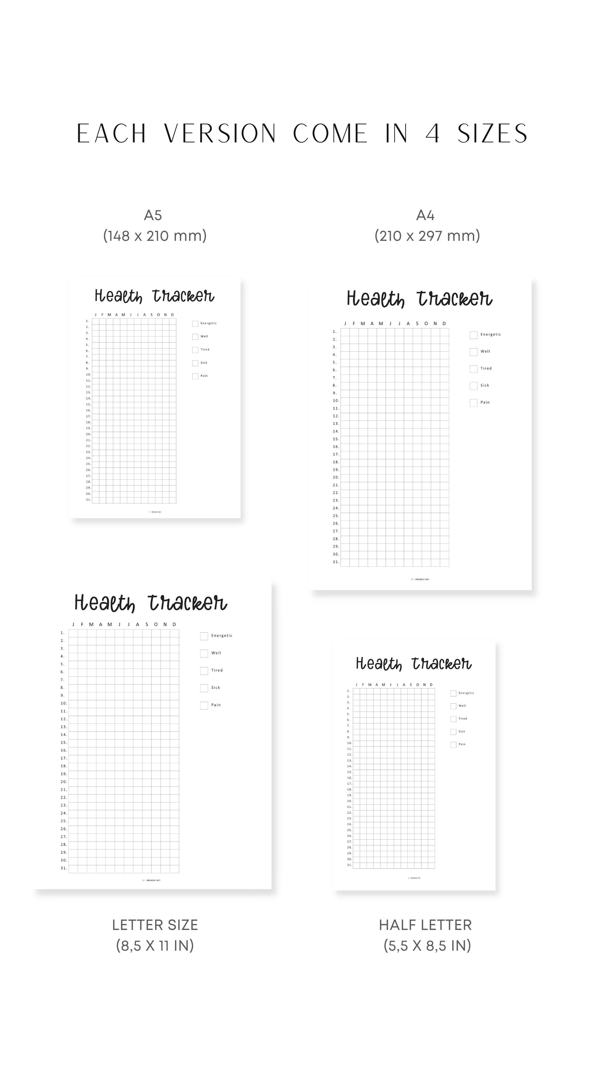 A4, A5, Letter, Half Letter One Year Health Tracker Printable