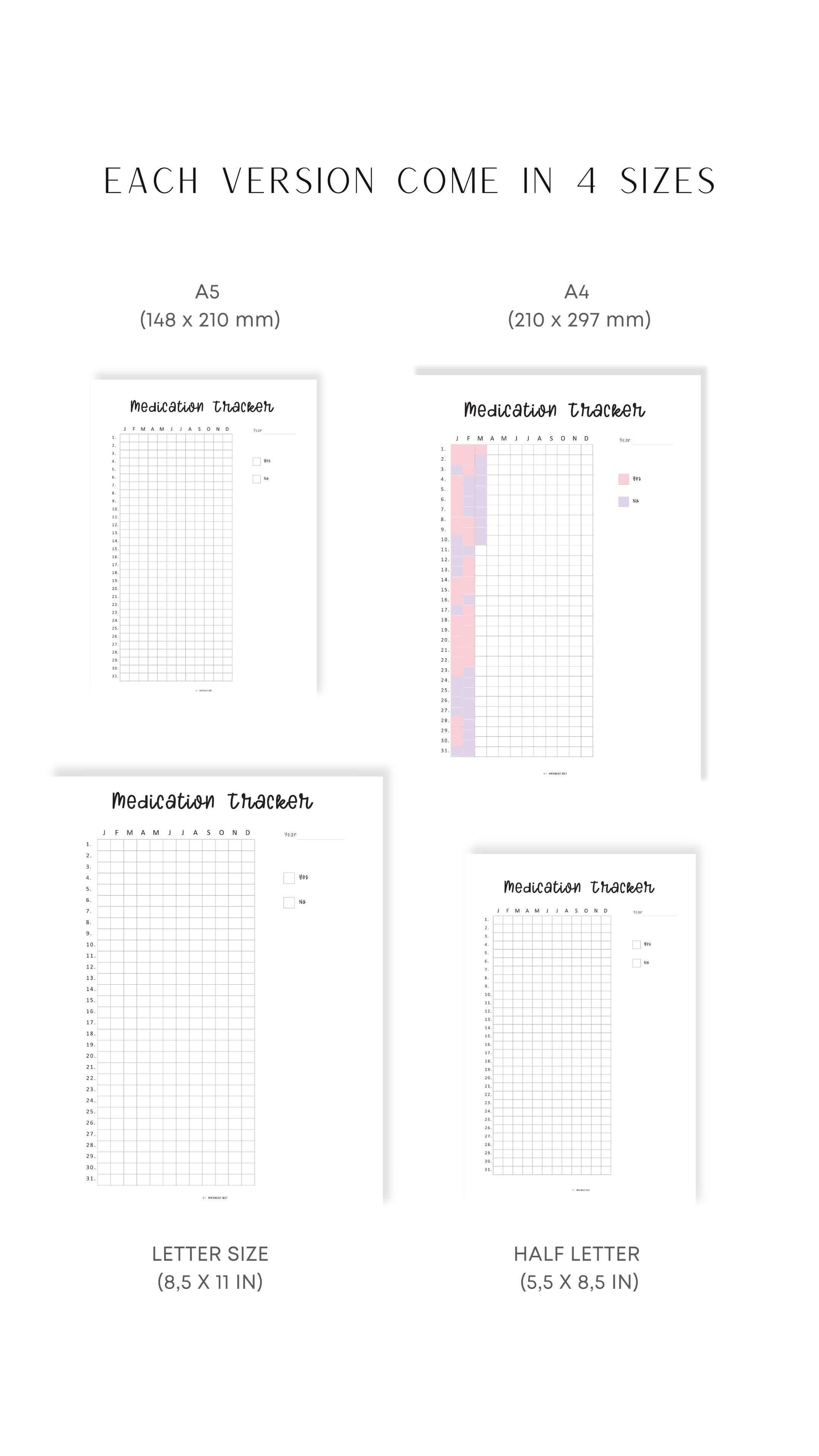 A4, A5, Letter, Half Letter Medication Planner Printable Inserts