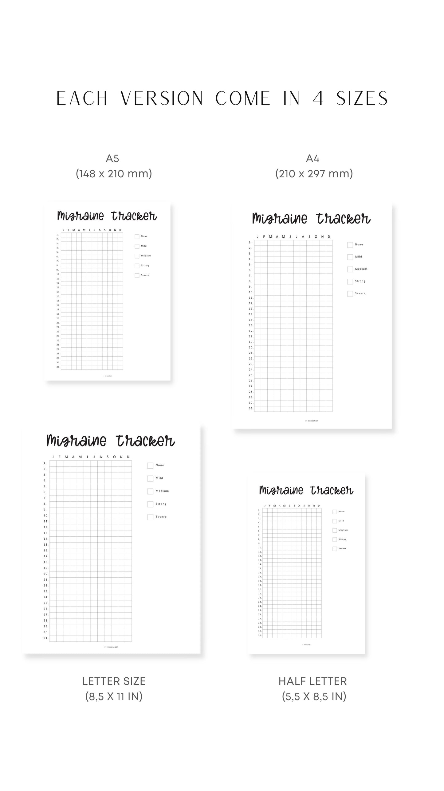 A4, A5, Letter, Half Letter One Year Migraine Tracker Printable