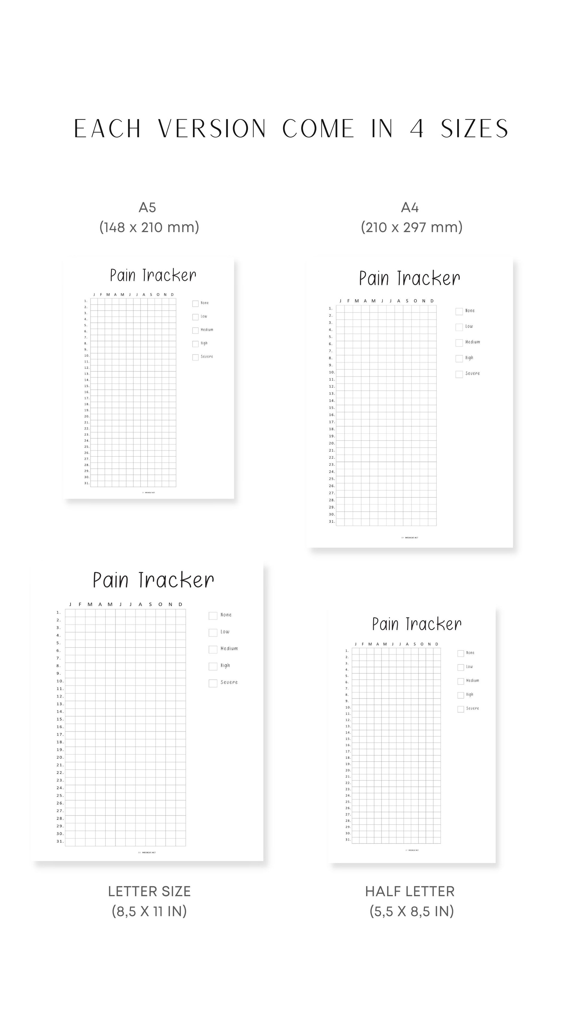 A4, A5, Letter, Half Letter Pain Tracker Template Printable