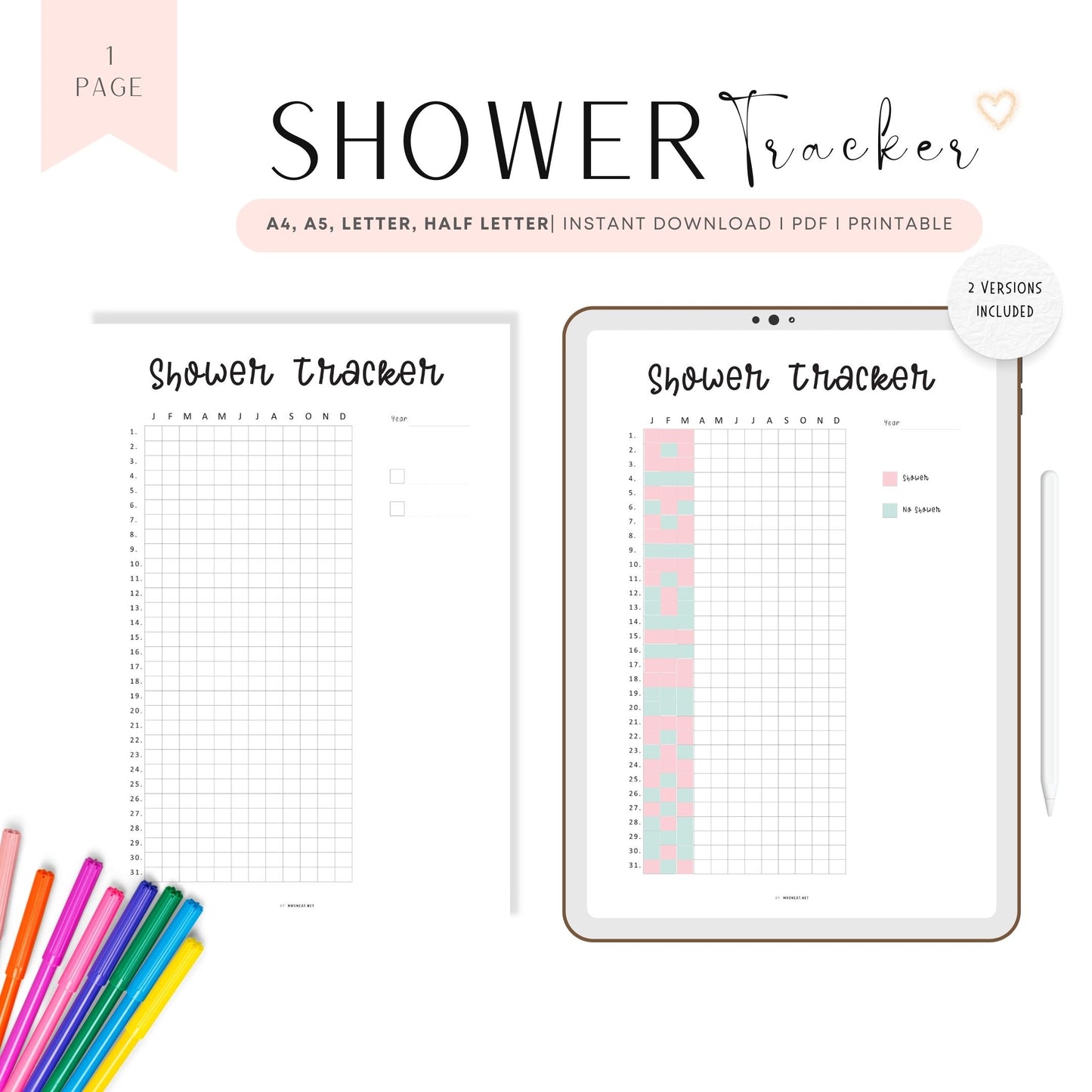 One Year Shower Tracker Template Printable PDF