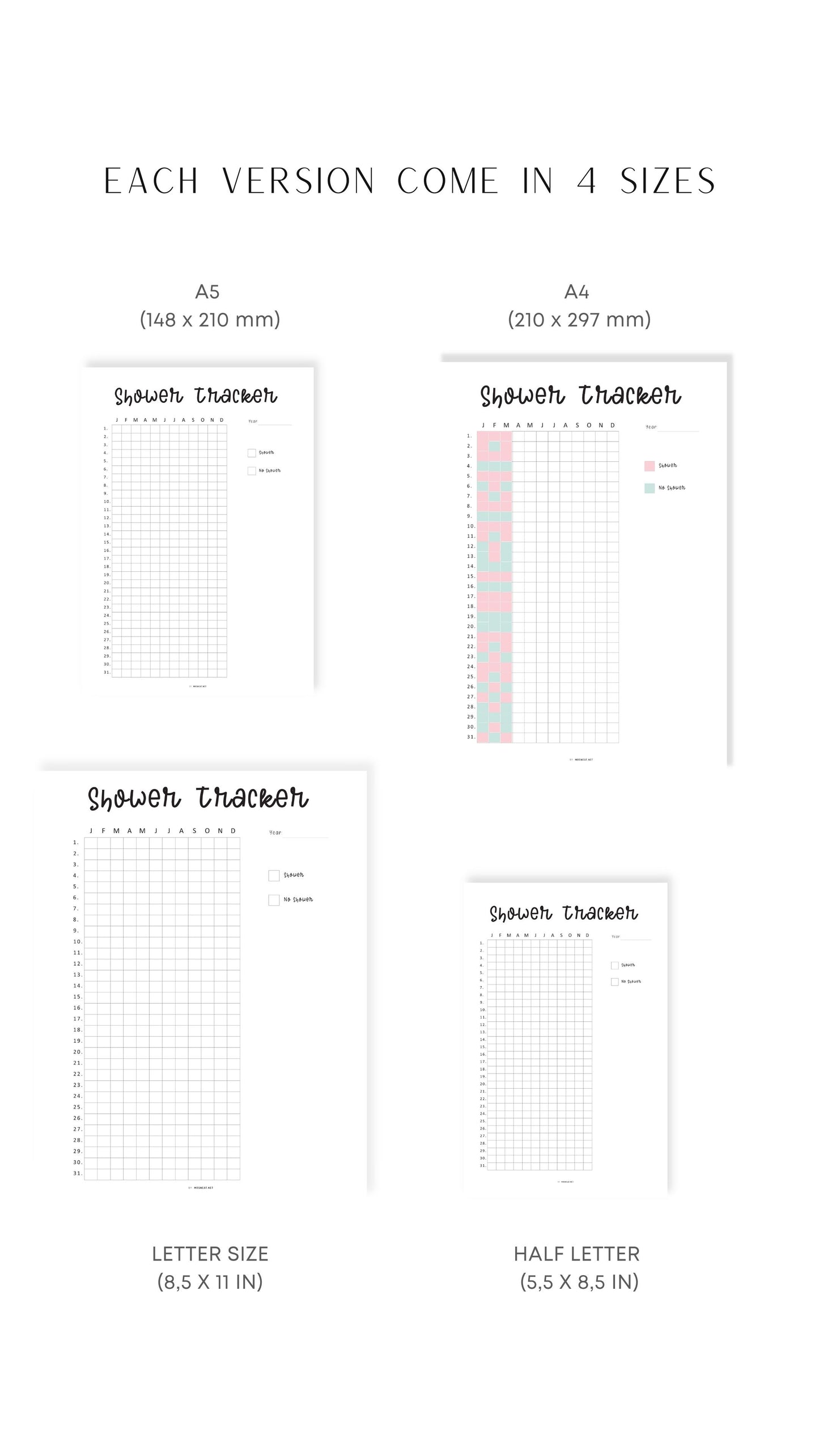 A4, A5, Letter, Half Letter Daily Shower Tracker Template Printable