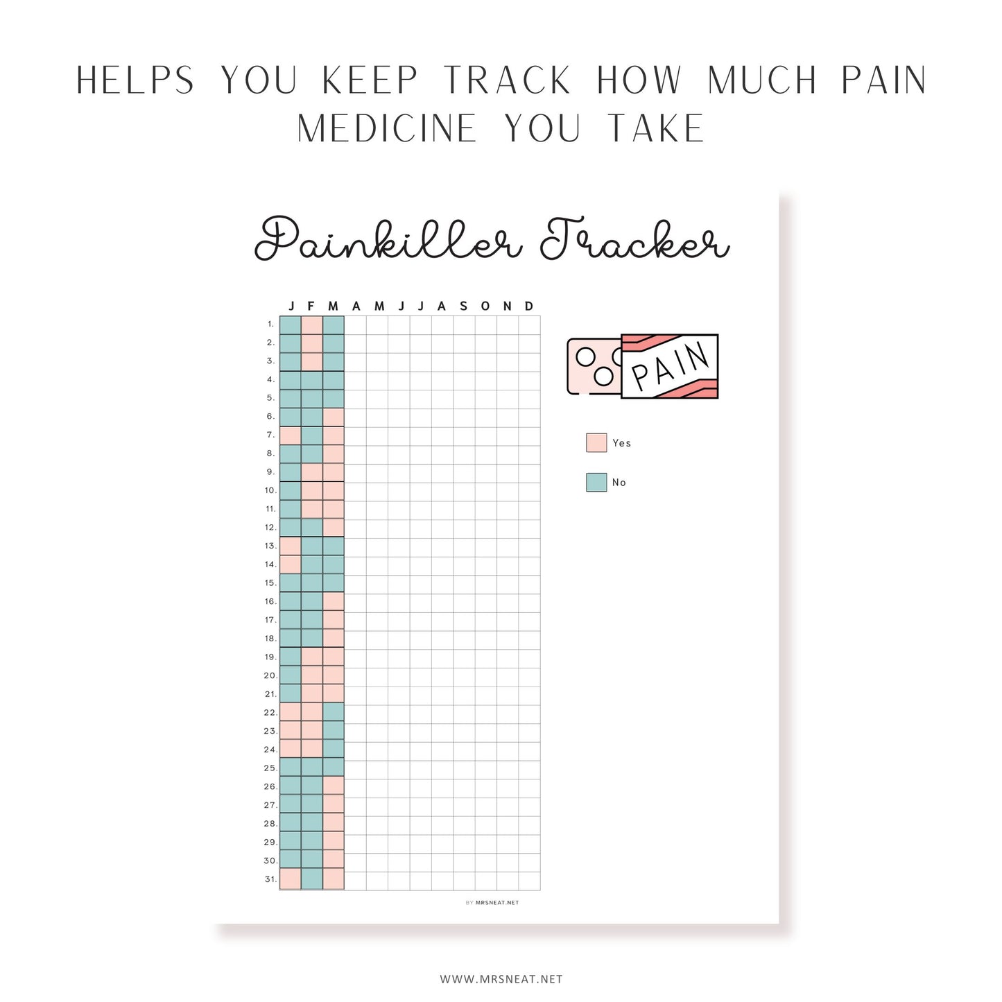 Painkiller Yearly Tracker, PRINTABLE Journal Page, Medication Tracker,  Health Tracker, Pill Tracker, Meds Tracker, Track Medication, Digital Planner, Printable Planner, A4, A5, Letter, Half Letter, Instant Download