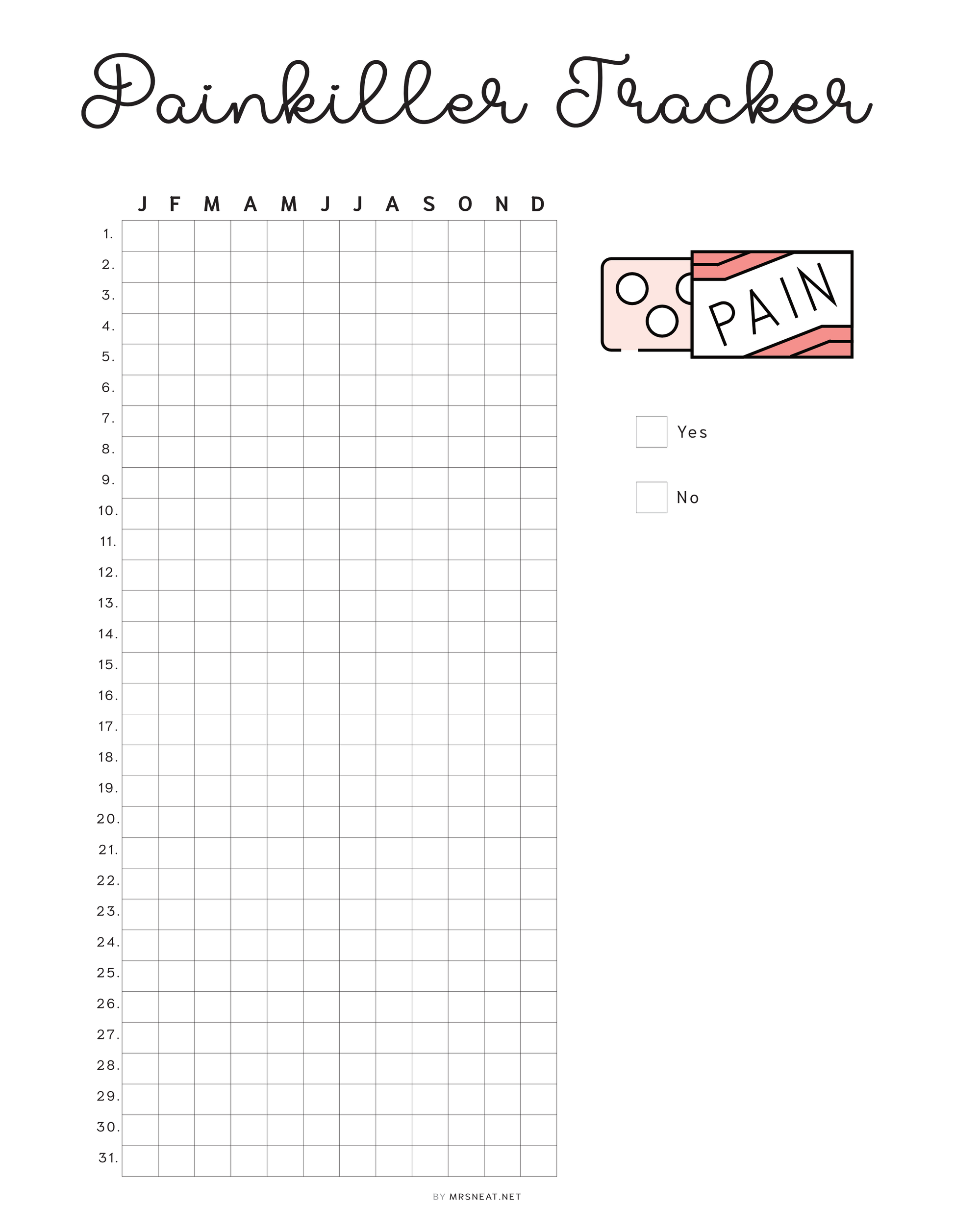 Painkiller Yearly Tracker, PRINTABLE Journal Page, Medication Tracker,  Health Tracker, Pill Tracker, Meds Tracker, Track Medication, Digital Planner, Printable Planner, A4, A5, Letter, Half Letter, Instant Download