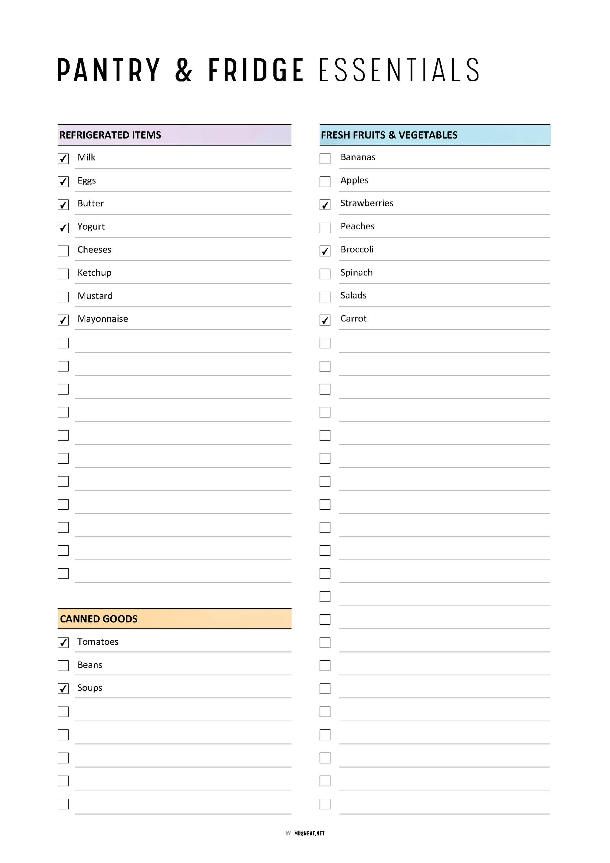 Prefilled and Blank fillable and editable Pantry and Fridge Essentials Checklist PDF