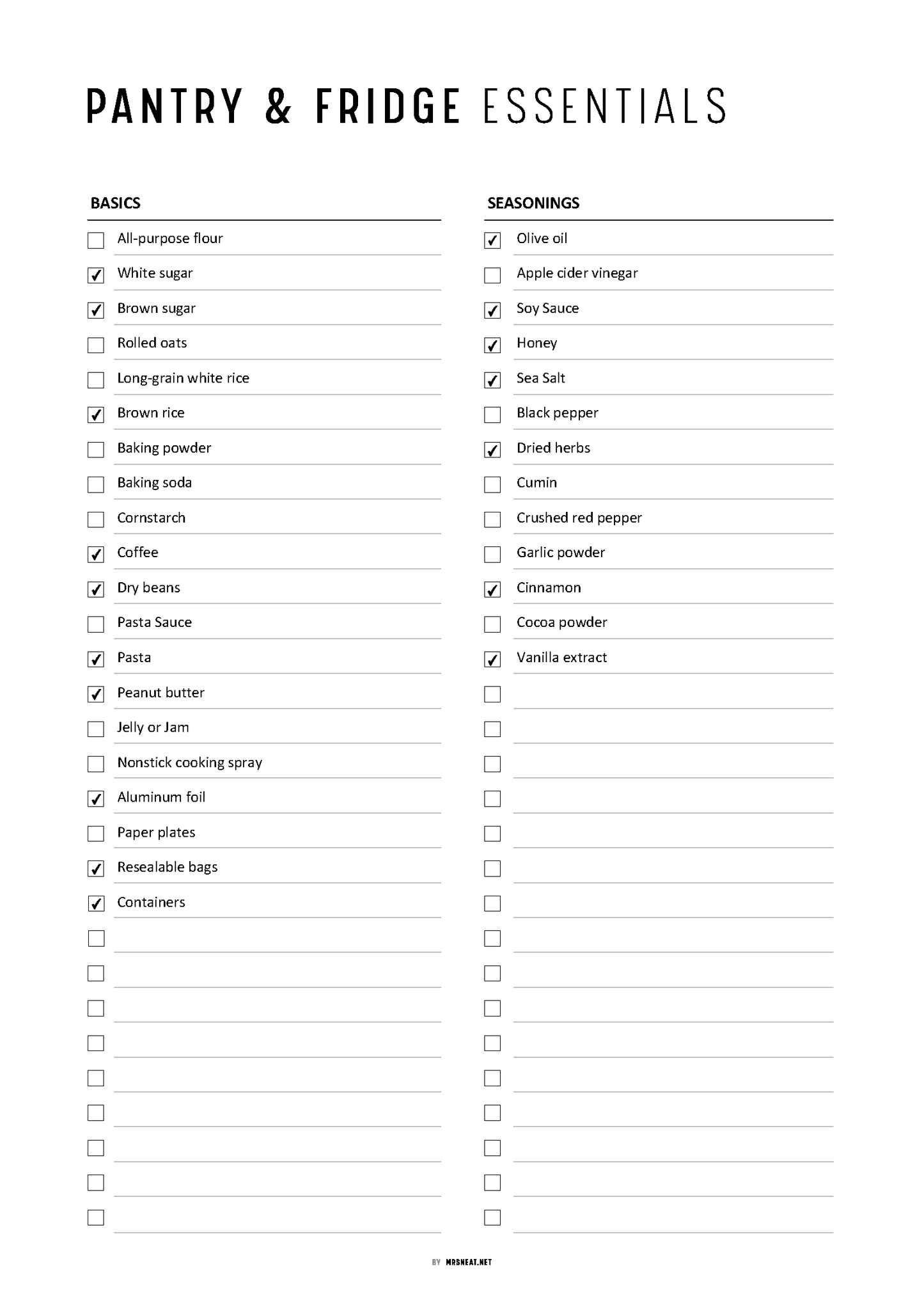 Prefilled and Blank fillable and editable Pantry and Fridge Essentials Checklist