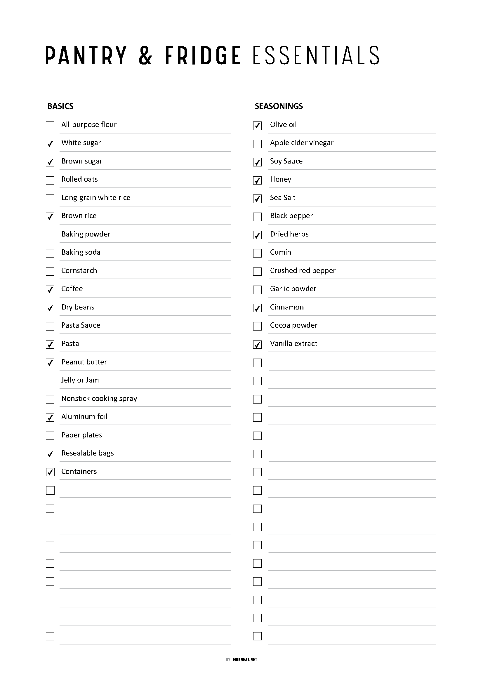 Prefilled and Blank fillable and editable Pantry and Fridge Essentials Checklist