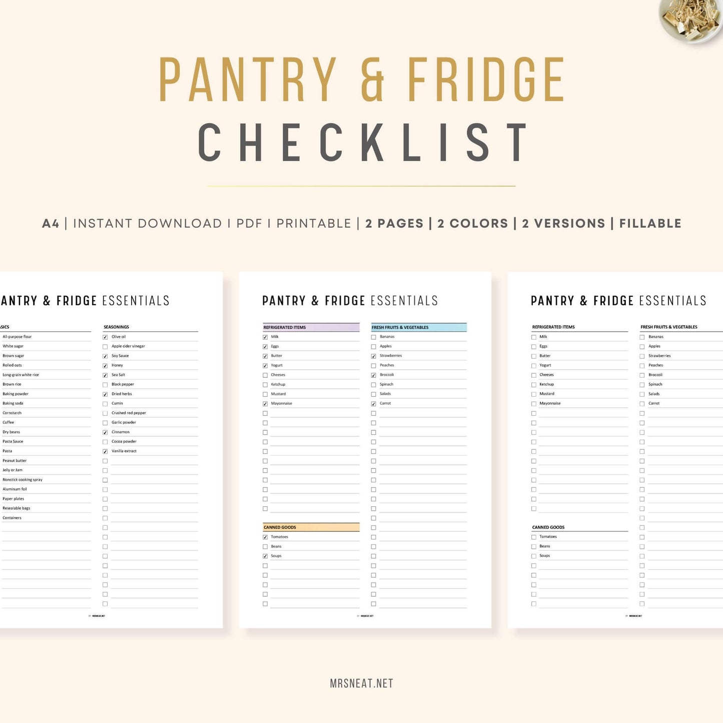 Colorful and Minimalist 2 pages Pantry and Fridge Essentials Checklist