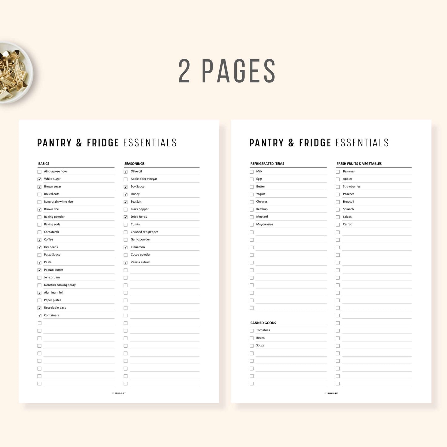 2 pages Pantry and Fridge Essentials Checklist PDF