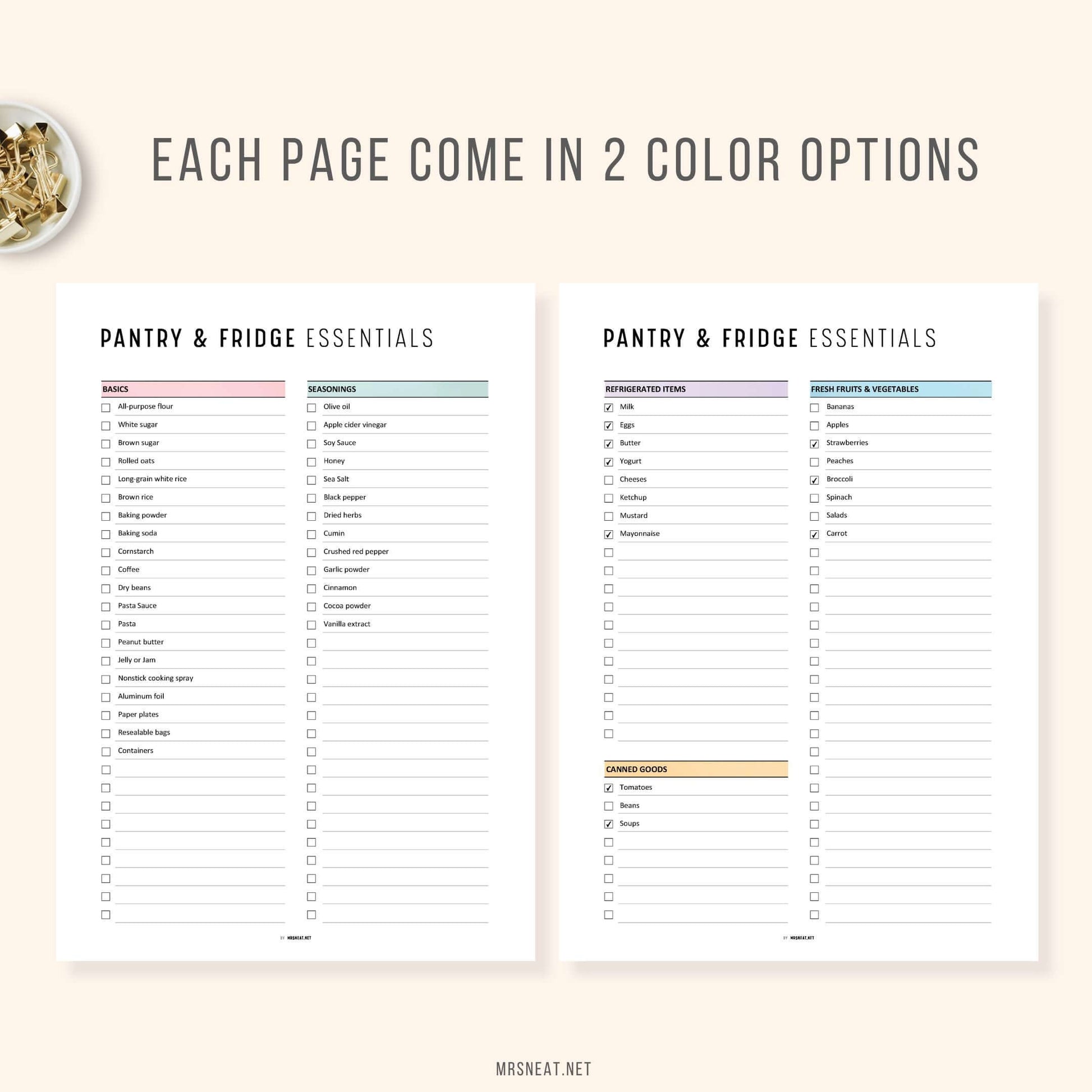 Colorful 2 pages Pantry and Fridge Essentials Checklist