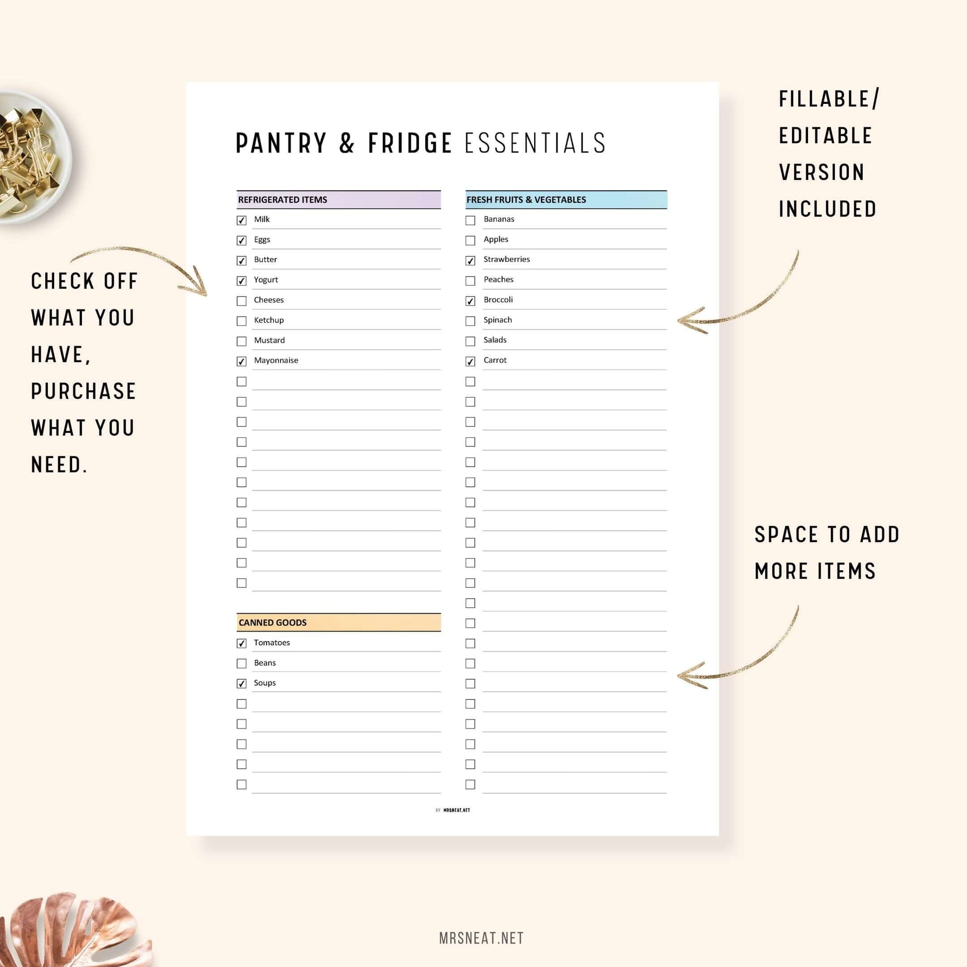 Fillable and Editable Pantry and Fridge Essentials Checklist