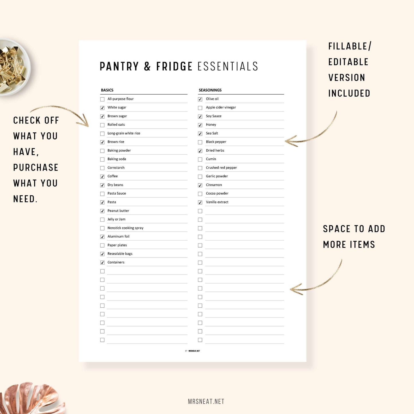 Fillable and Editable Pantry and Fridge Essentials Checklist