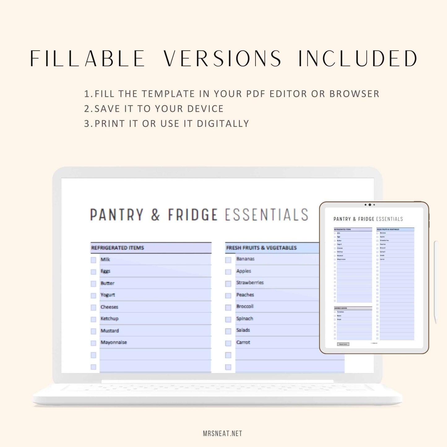 fillable and editable Pantry and Fridge Essentials Checklist PDF