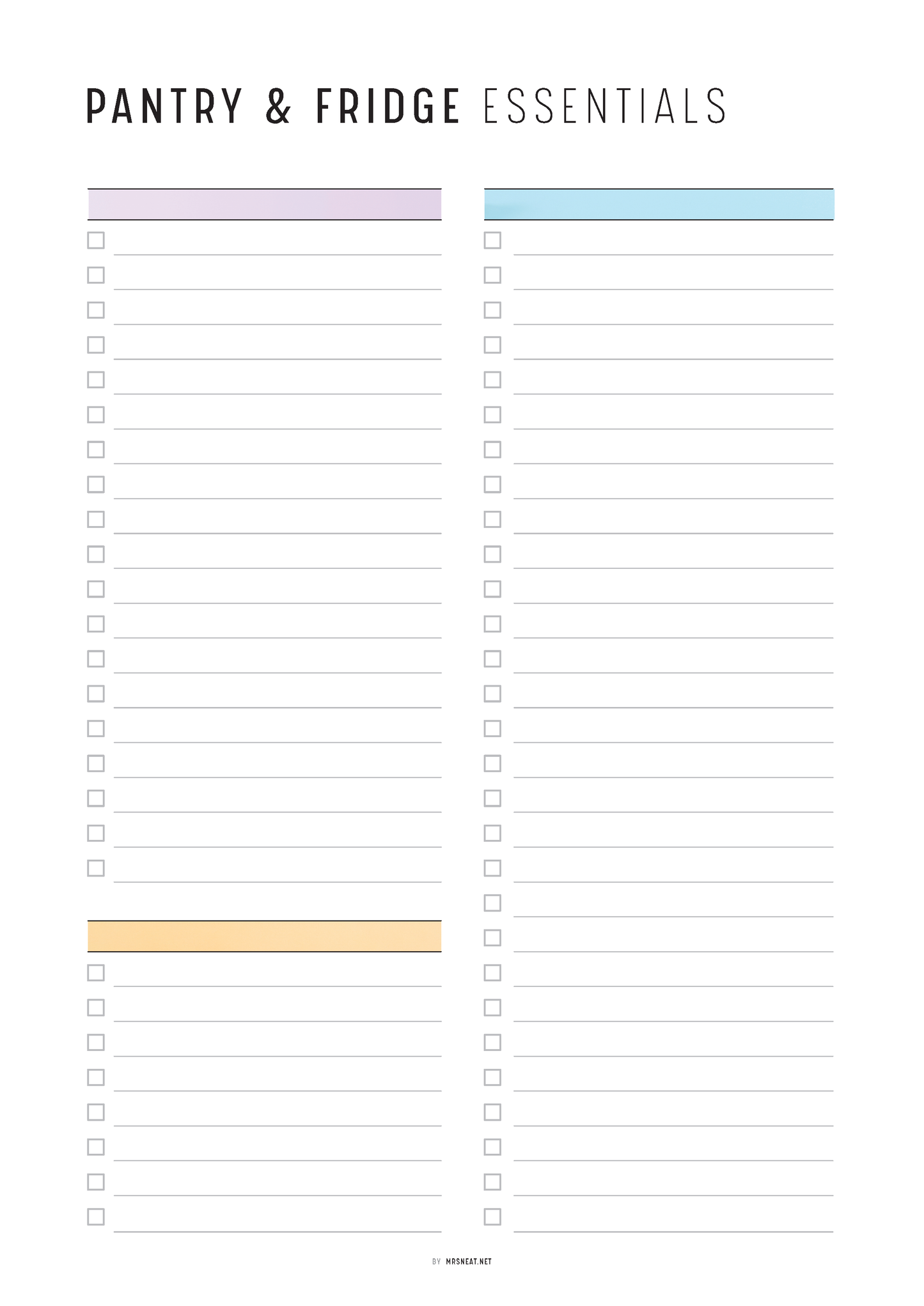 Blank checklist for pantry and fridge essentials with color-coded sections.