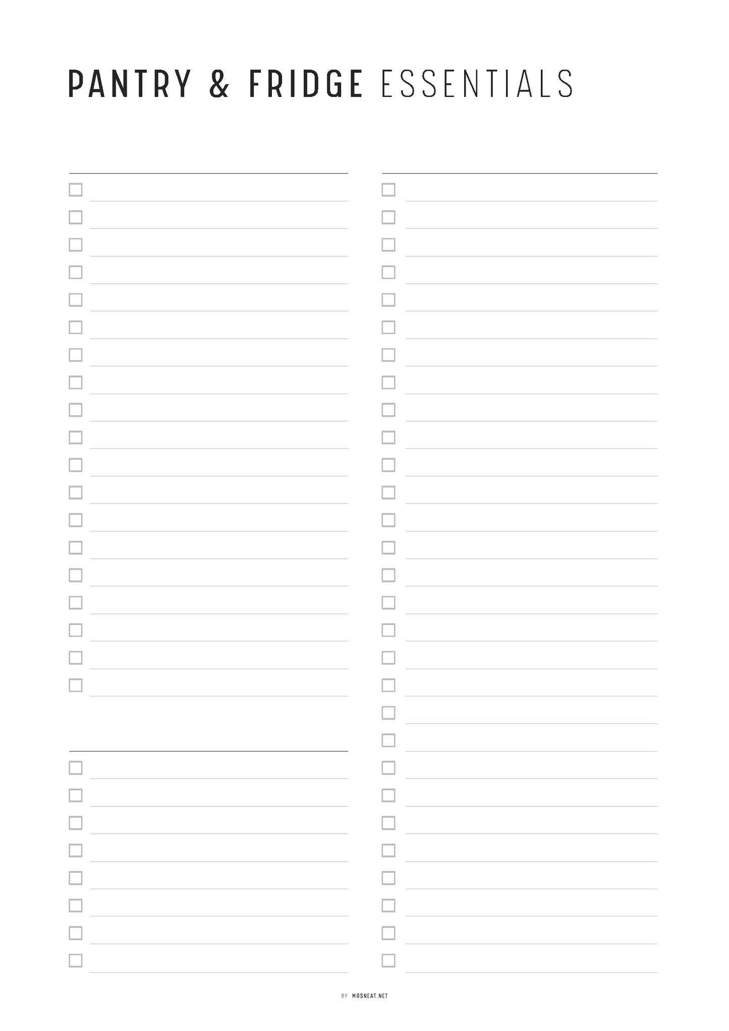 Blank checklist for pantry and fridge essentials with a white background