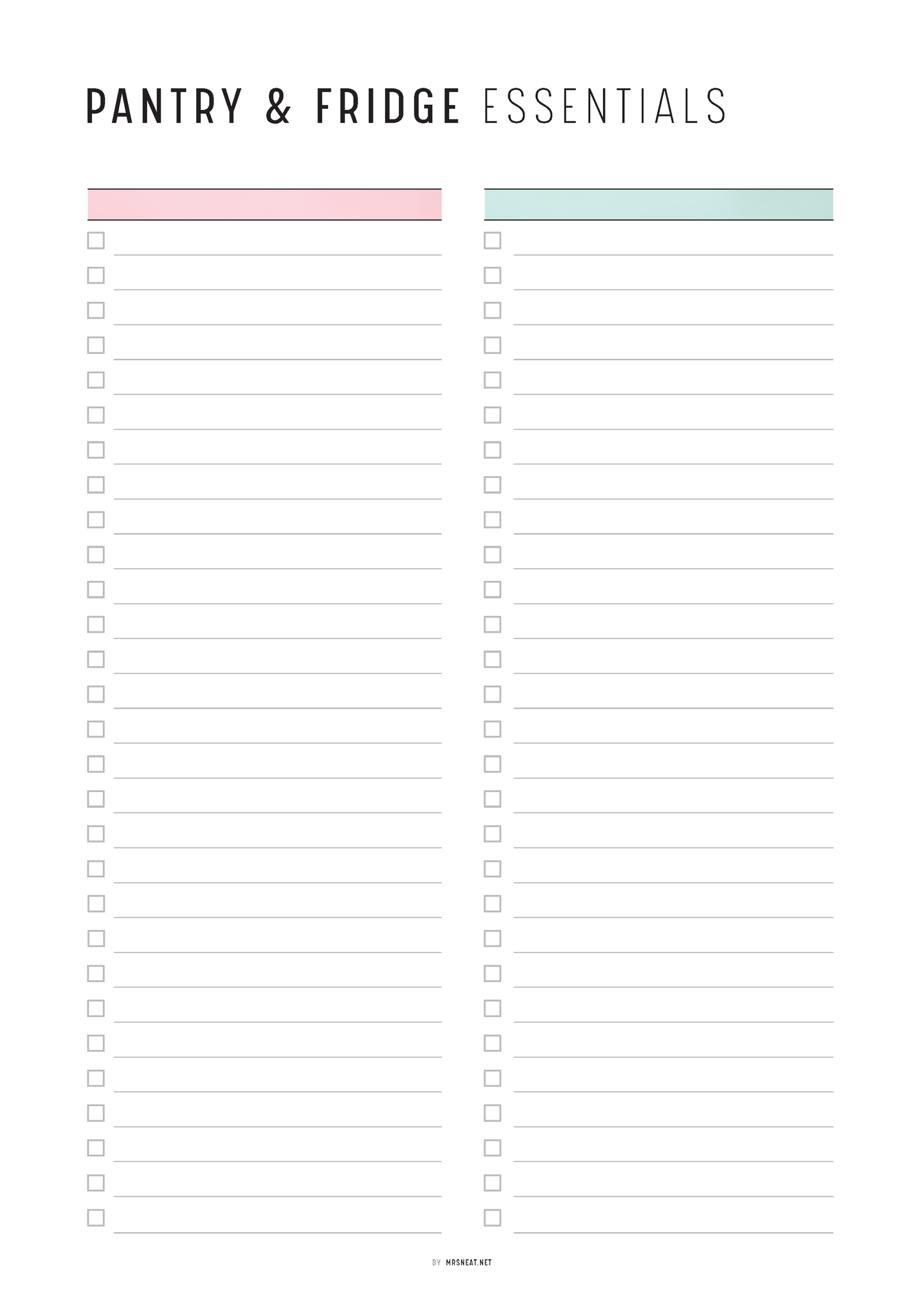 Blank checklist for pantry and fridge essentials with two color-coded sections.