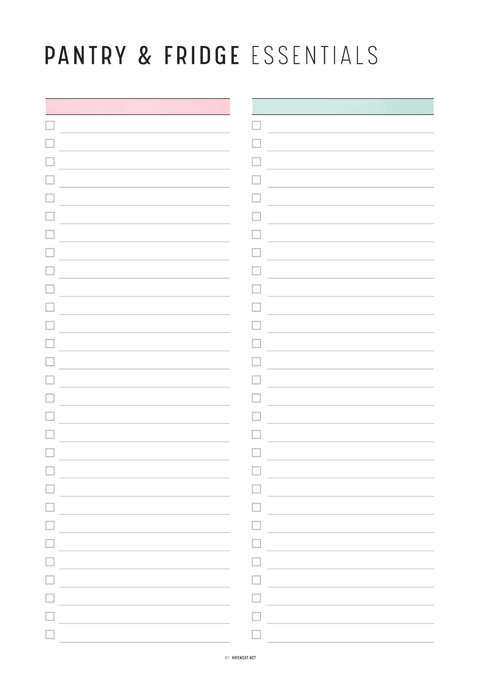 Blank checklist for pantry and fridge essentials with two color-coded sections.
