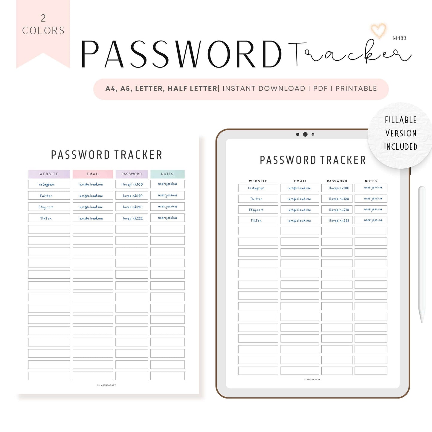 Editable Password Tracker Template, 2 color options, PDF, Digital & Printable Planner