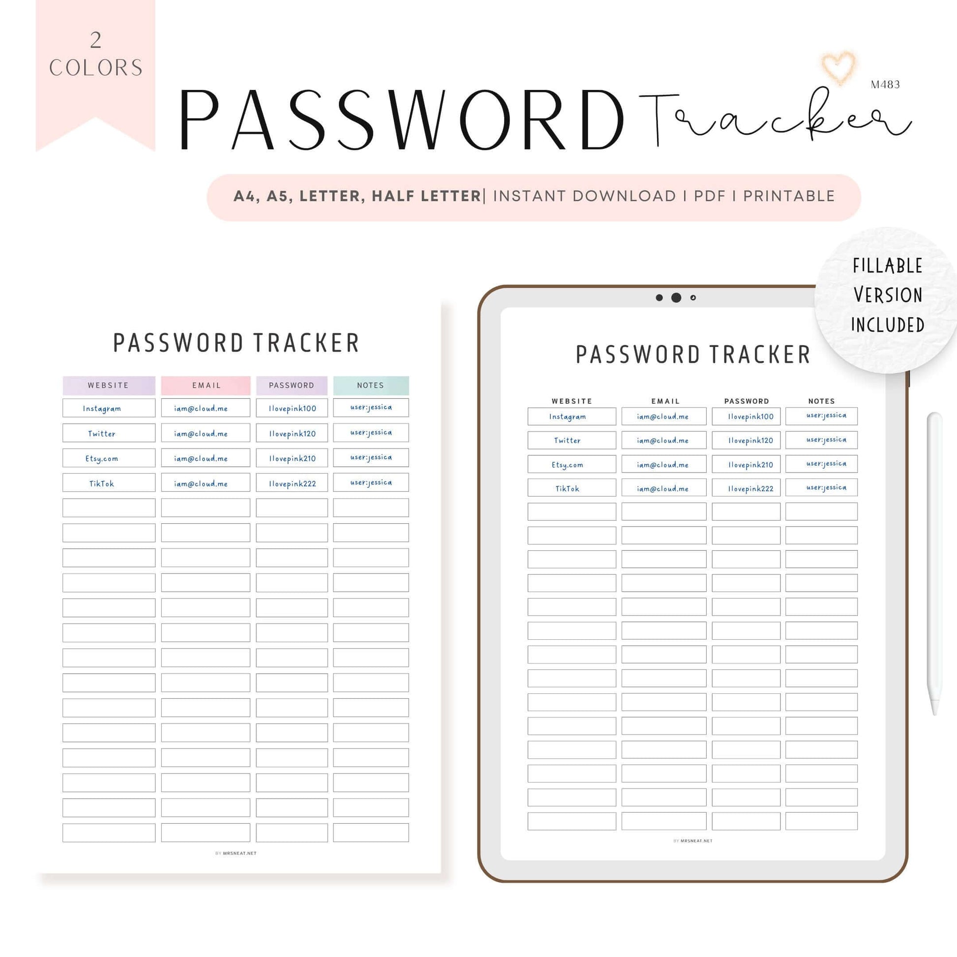 Editable Password Tracker Template, 2 color options, PDF, Digital & Printable Planner