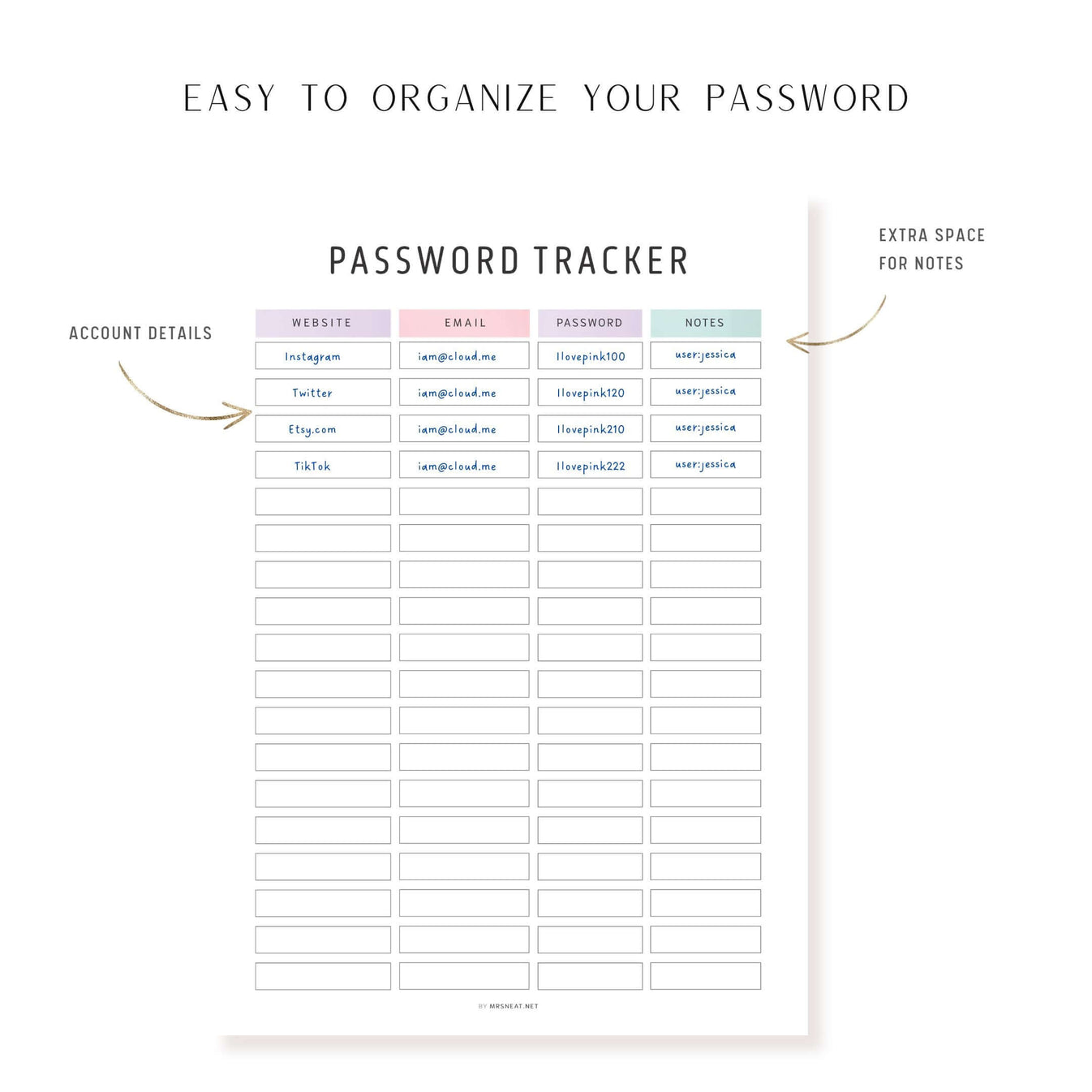 Editable Password Tracker Template M483 mrsneat