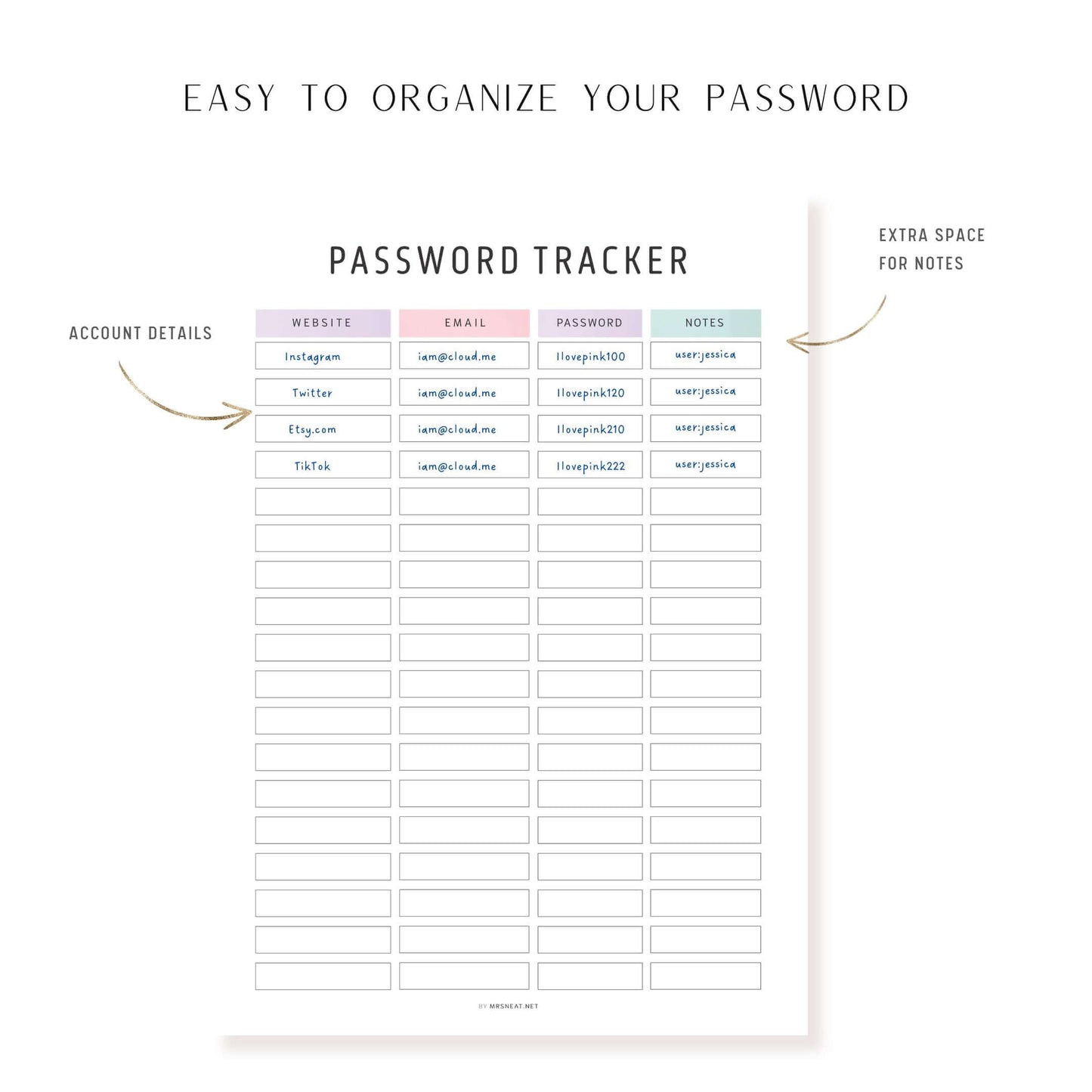 How to use Editable Password Tracker Template, 2 color options, PDF, Digital & Printable Planner