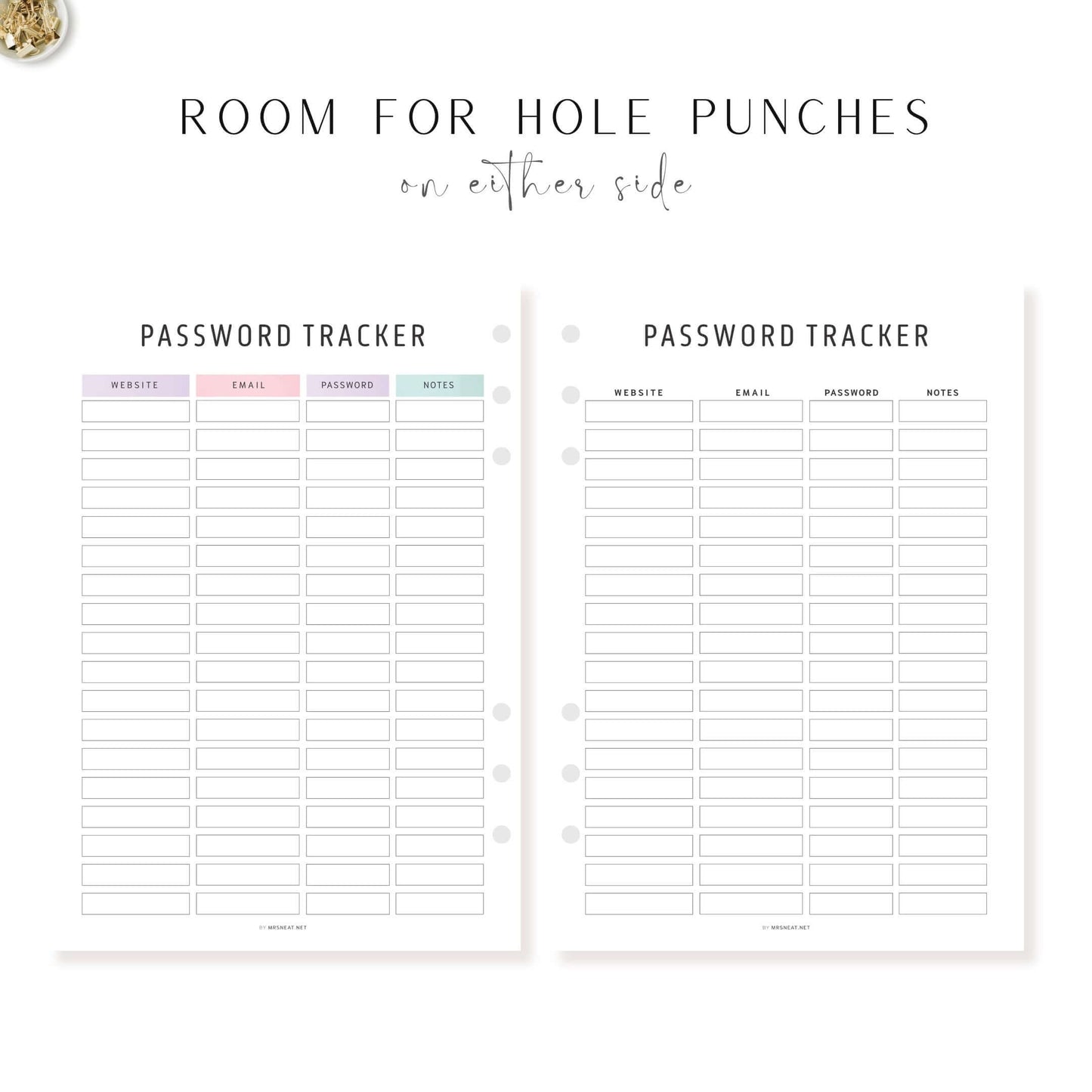 Room for hole punchesEditable Password Tracker Template, 2 color options, PDF, Digital & Printable Planner