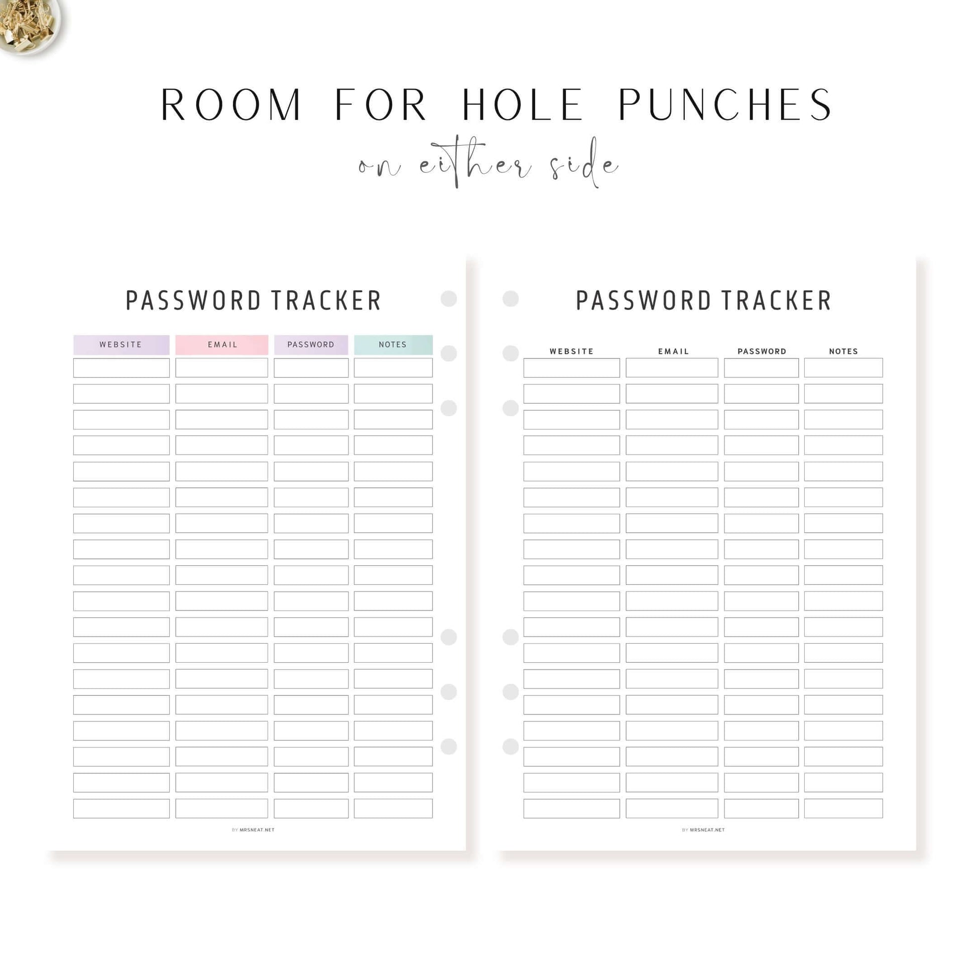 Room for hole punchesEditable Password Tracker Template, 2 color options, PDF, Digital & Printable Planner