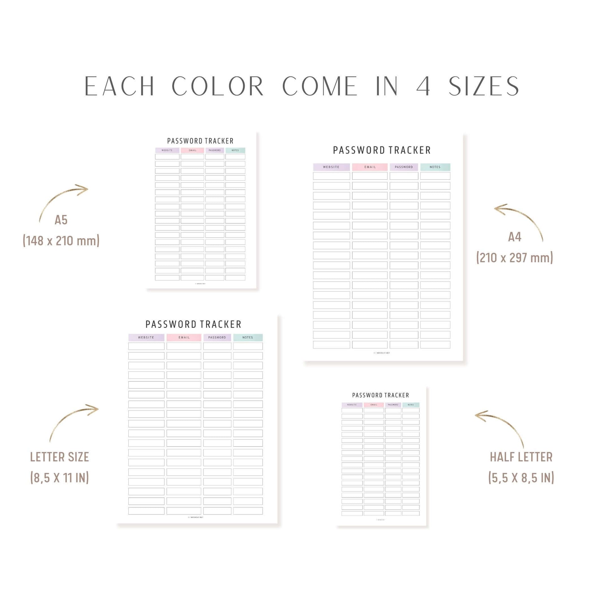 A4, A5, Letter, Half Letter Editable Password Tracker Template, 2 color options, PDF, Digital & Printable Planner