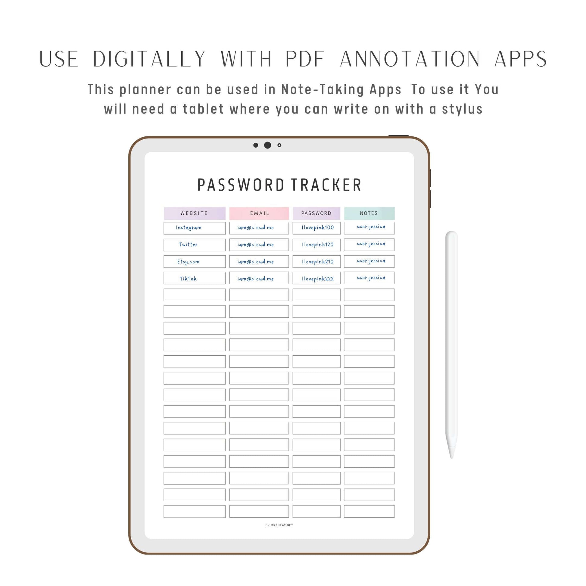 Digital Planner Editable Password Tracker Template, 2 color options, PDF, Digital & Printable Planner