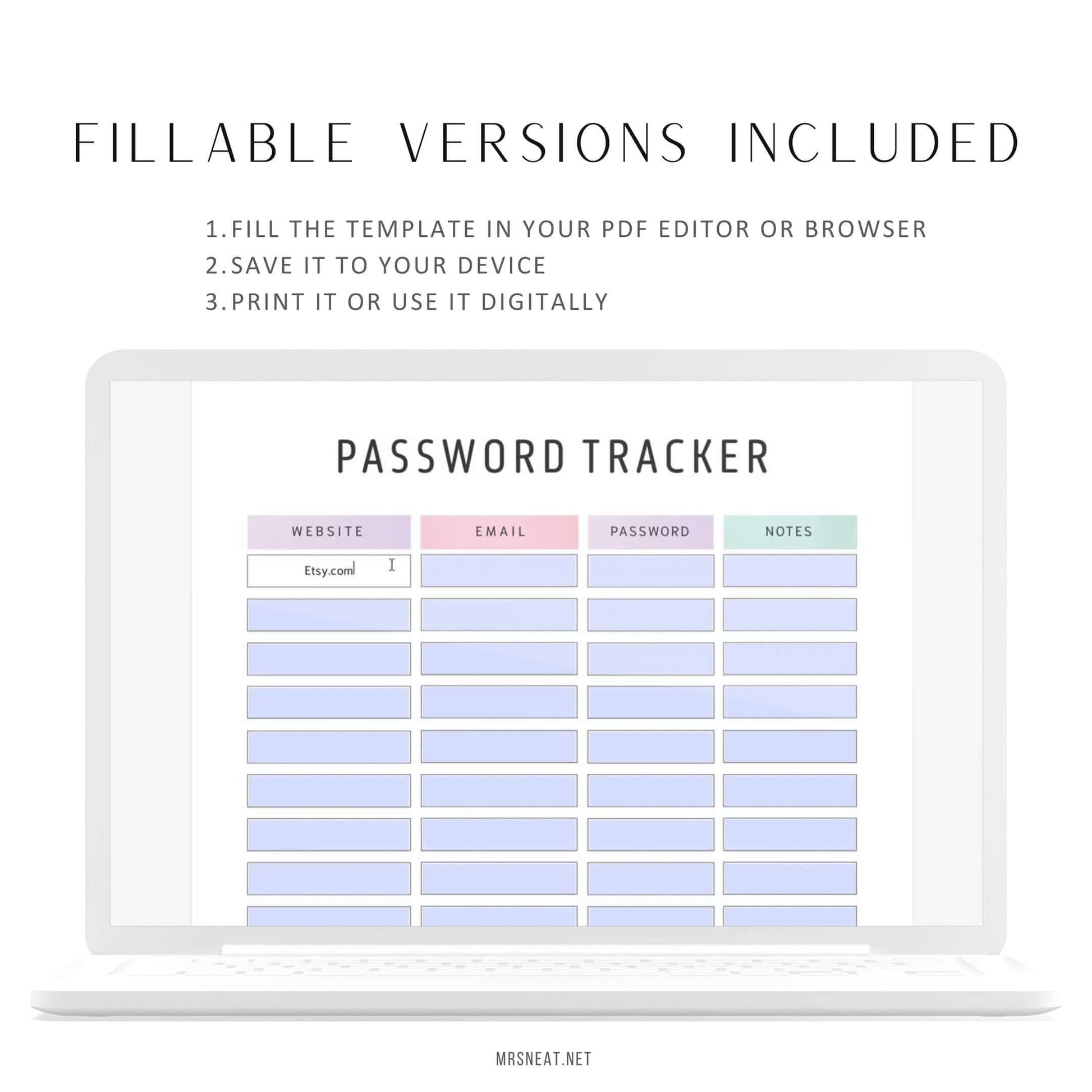 Aesthetic Editable Password Tracker Template, 2 color options, PDF, Digital & Printable Planner