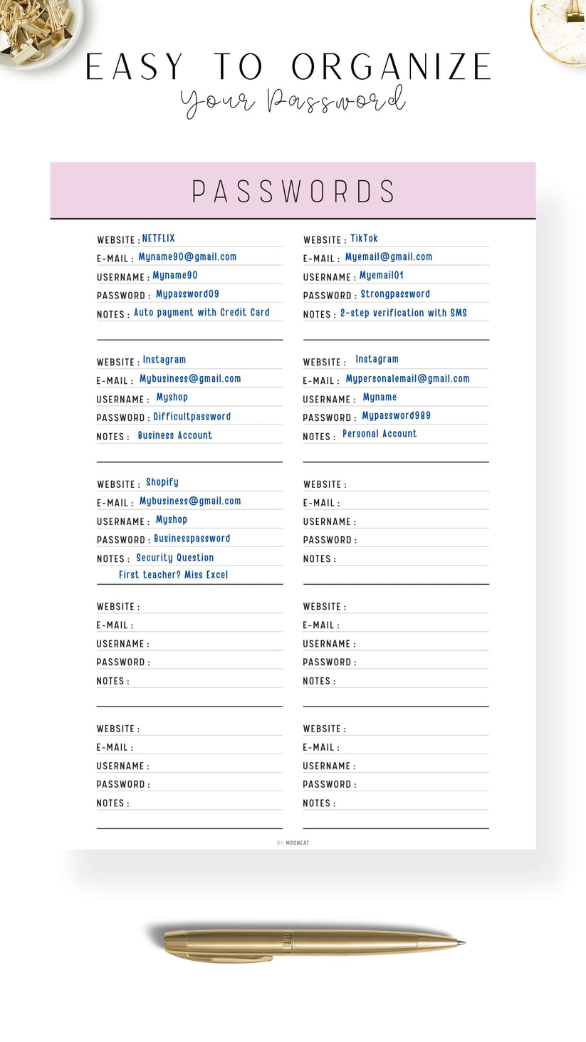 Password Tracker Template Printable - M268 – mrsneat