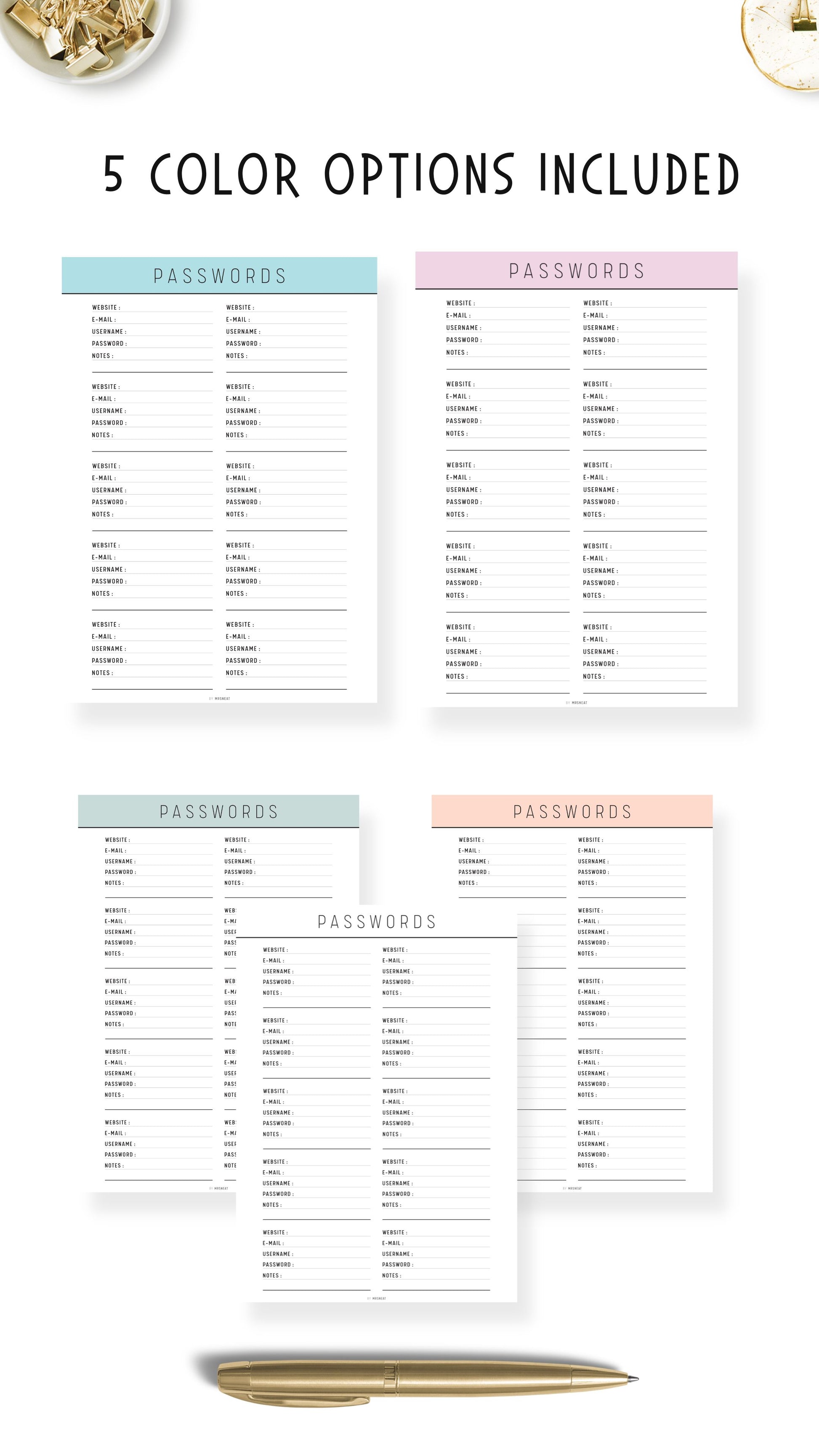 5 colors password tracker template printable