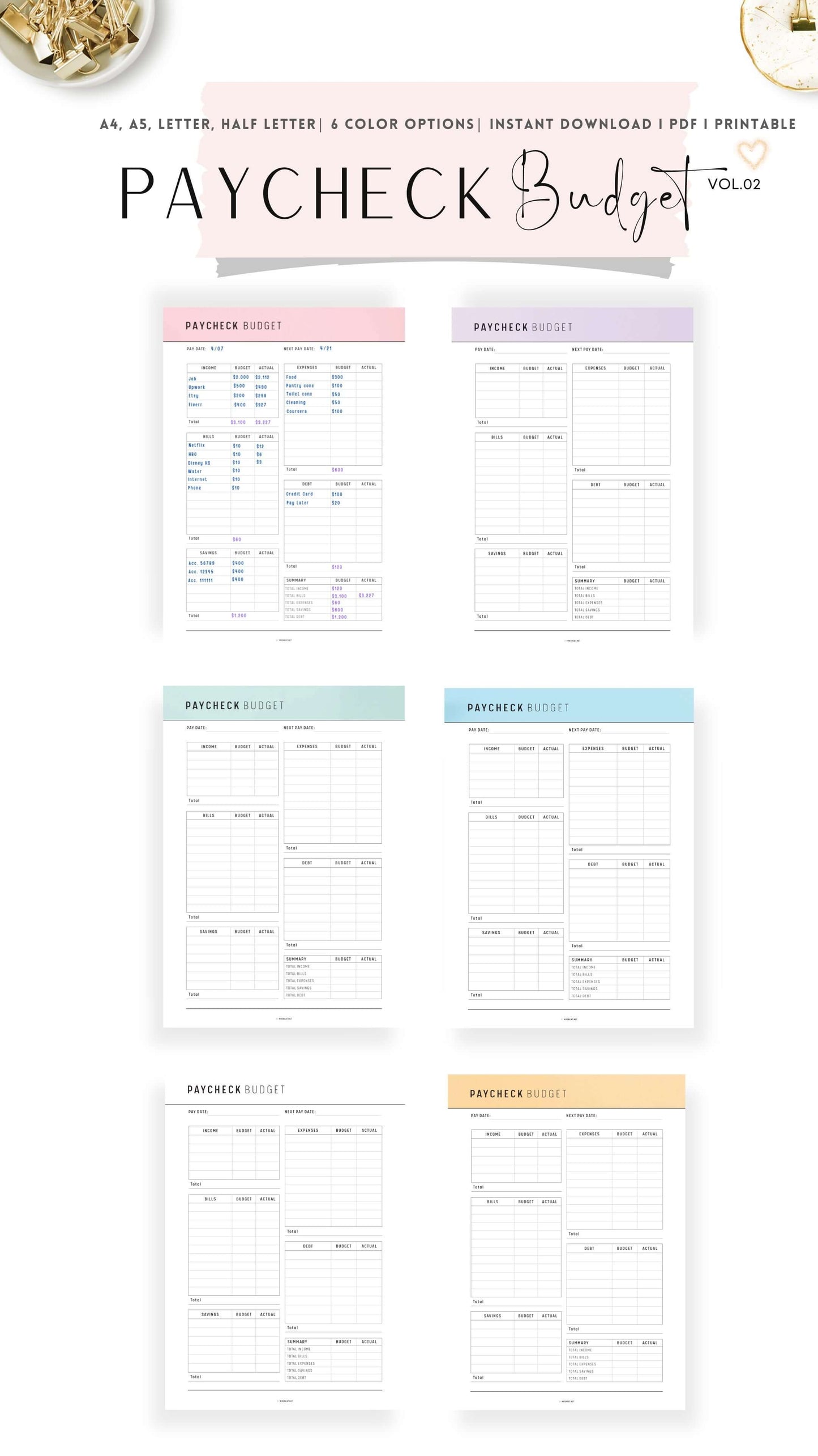 Colorful Printable Paycheck Budget Template