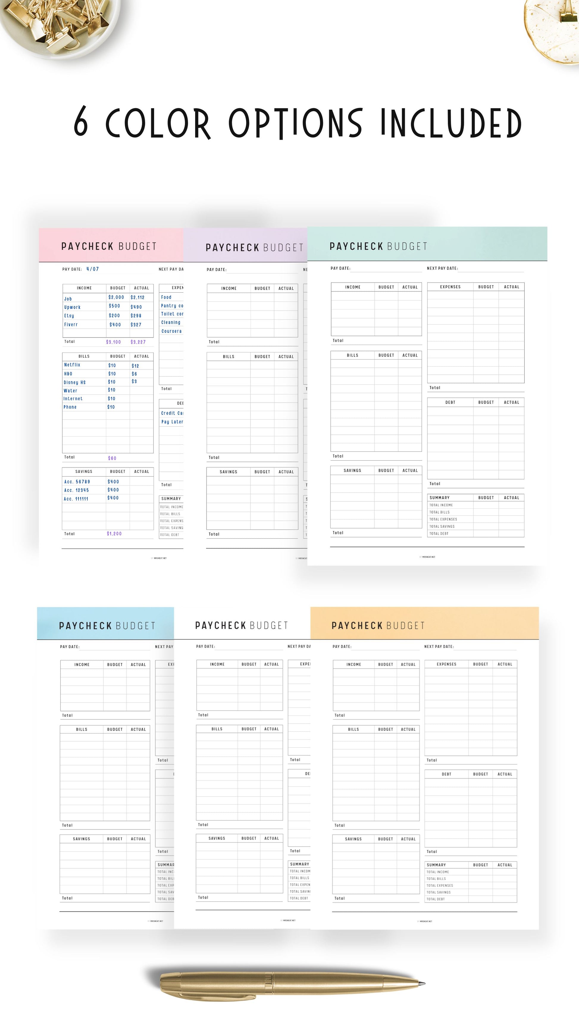 6 colors Printable Paycheck Budget Template