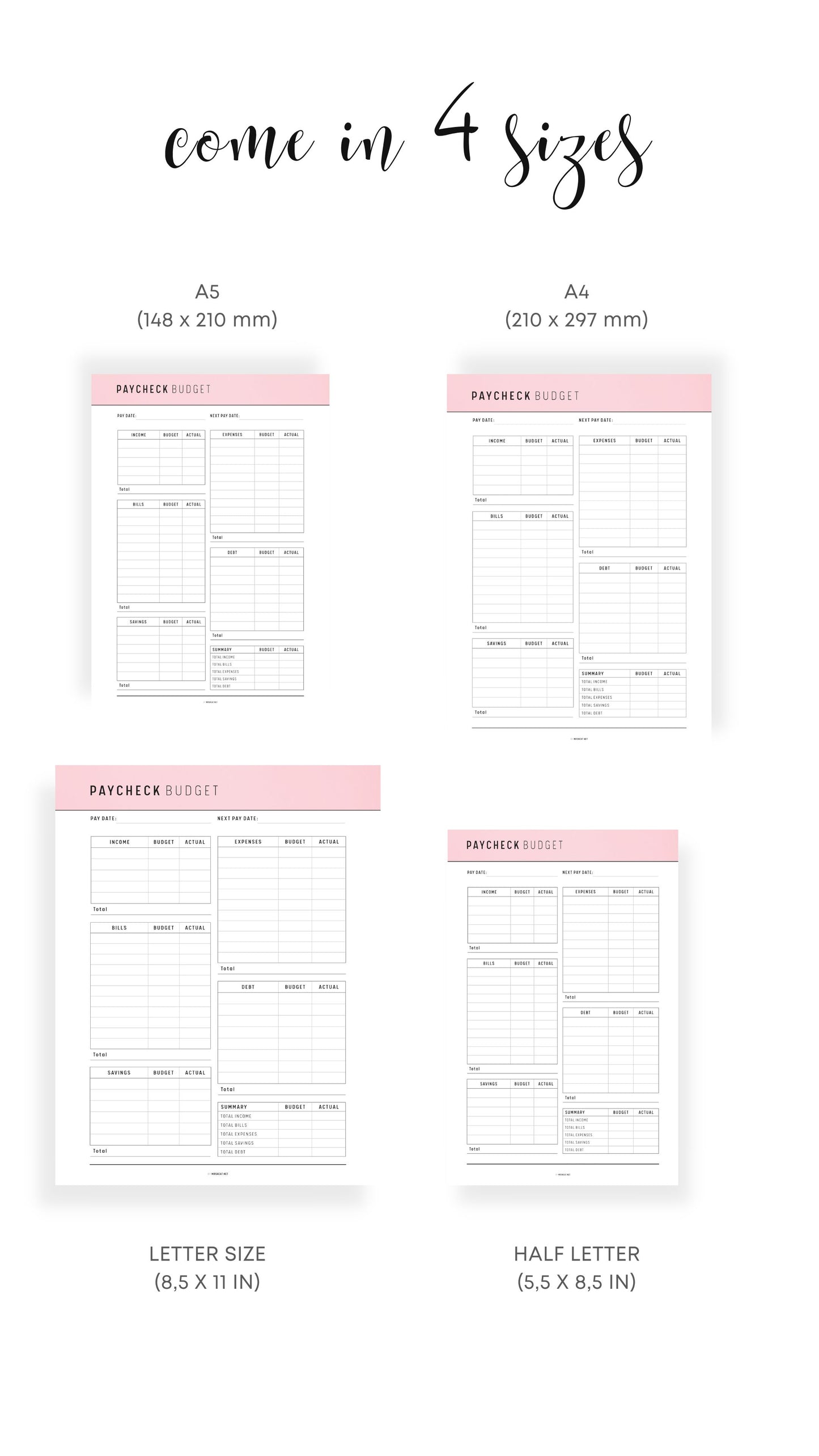 A4, A5, Letter, Half Letter Printable Paycheck Budget Template