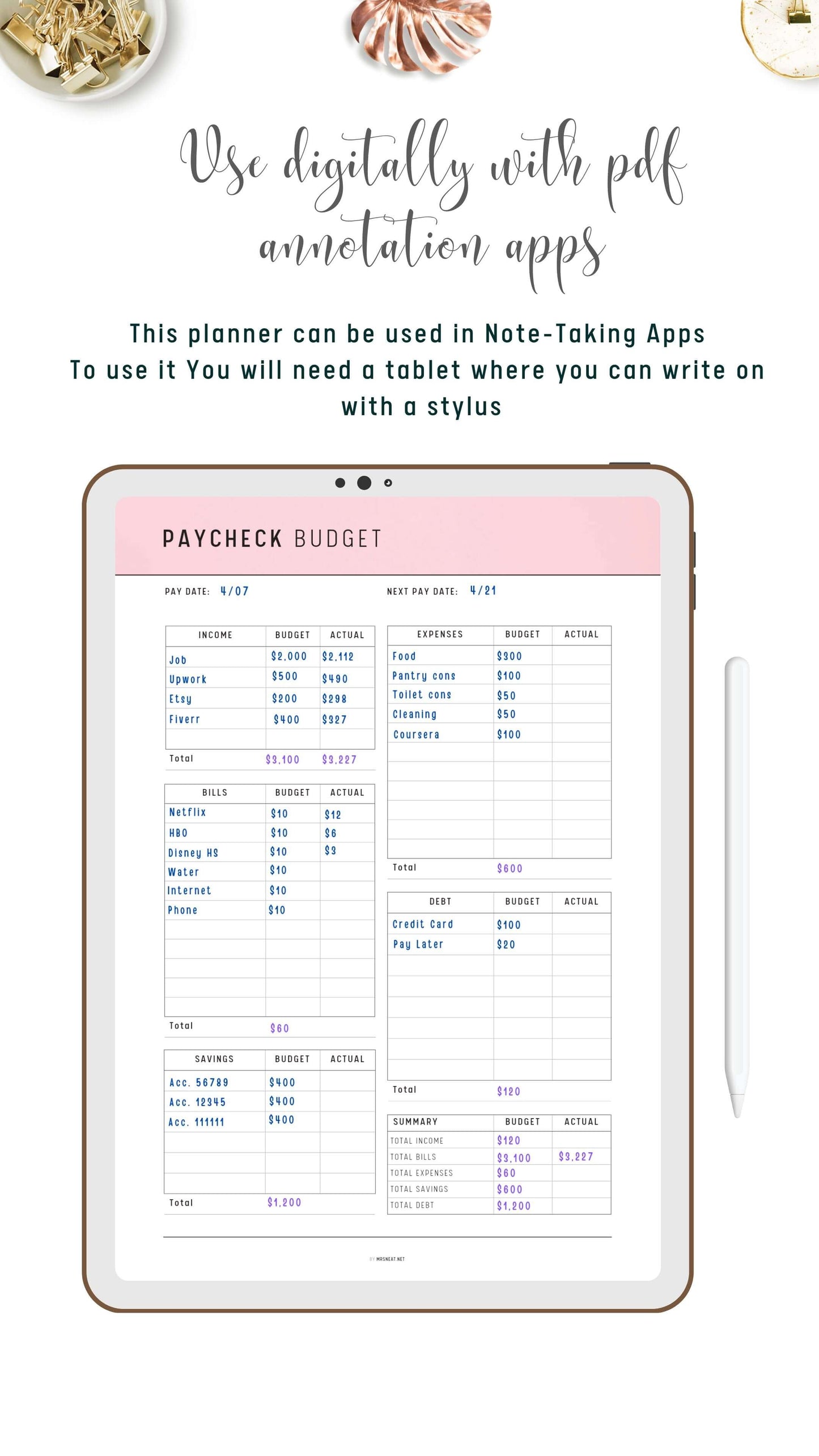 Digital Paycheck Budget Template