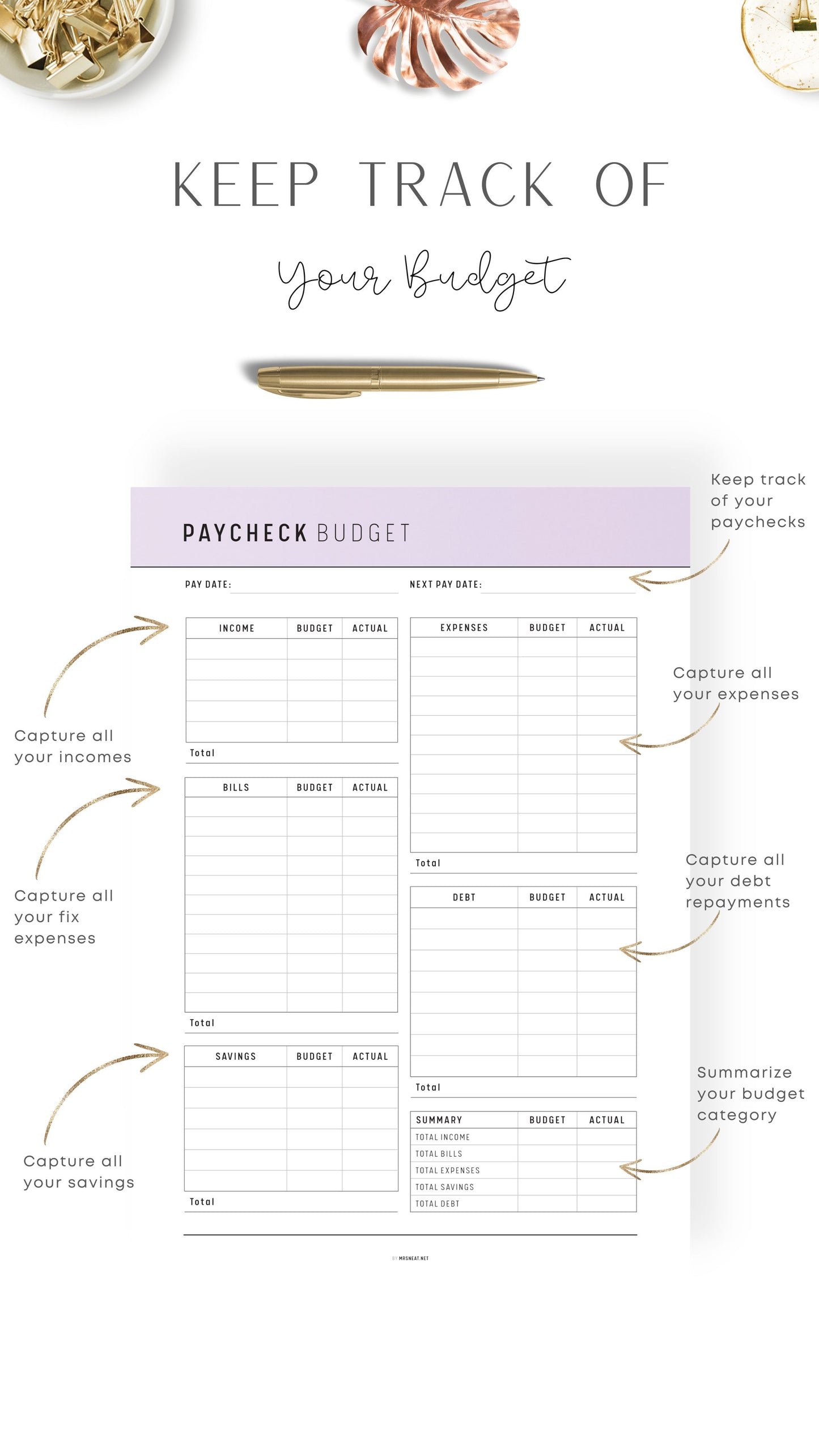 Purple Printable Paycheck Budget Template