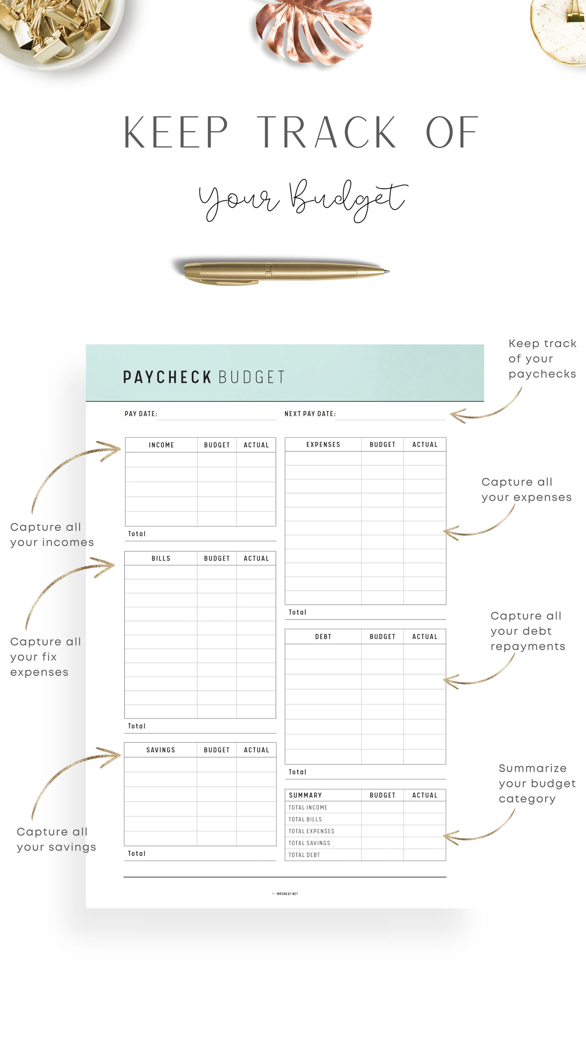 Green Printable Paycheck Budget Template